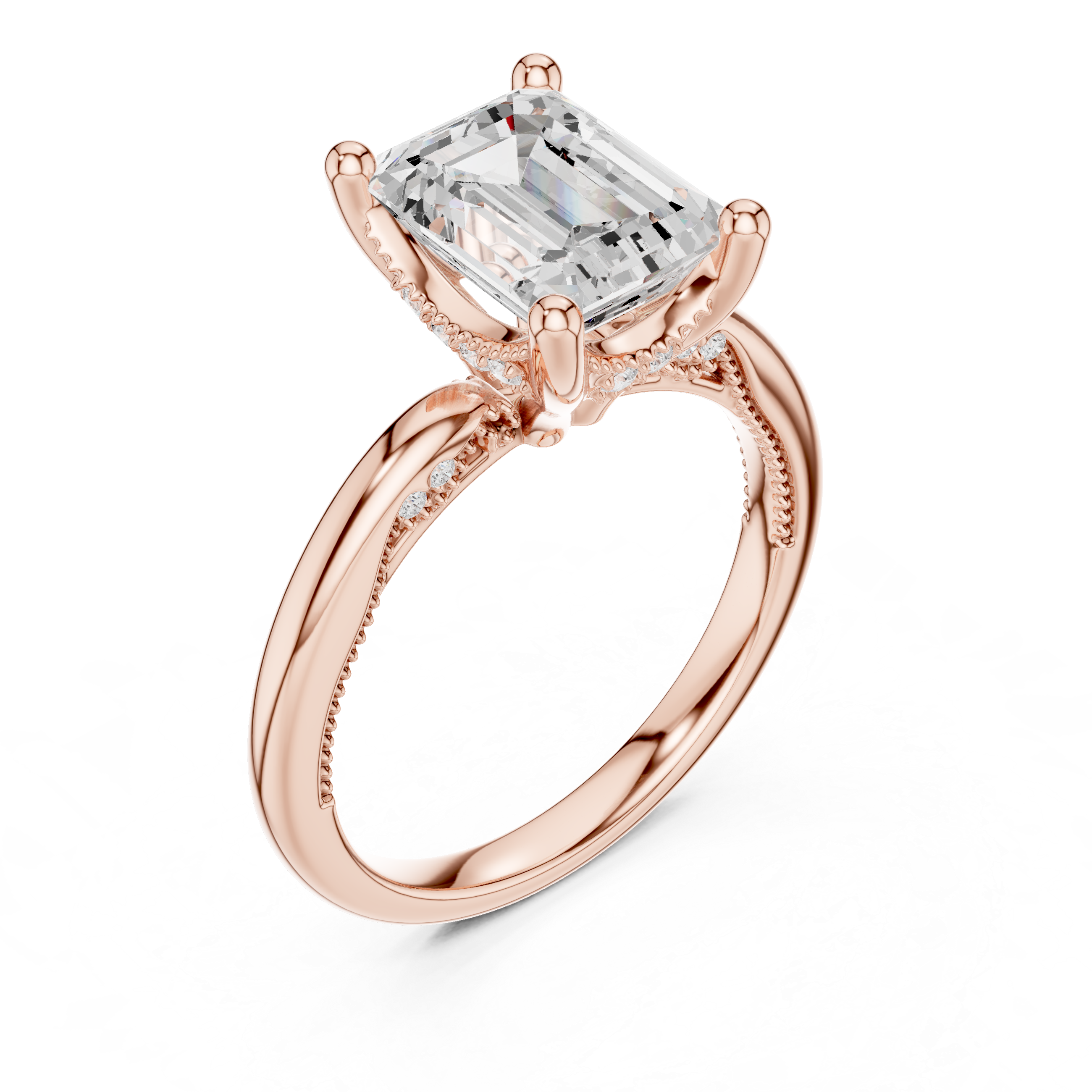 Emerald Cut Engagement Ring with Twisted Split Shank and Hidden Halo