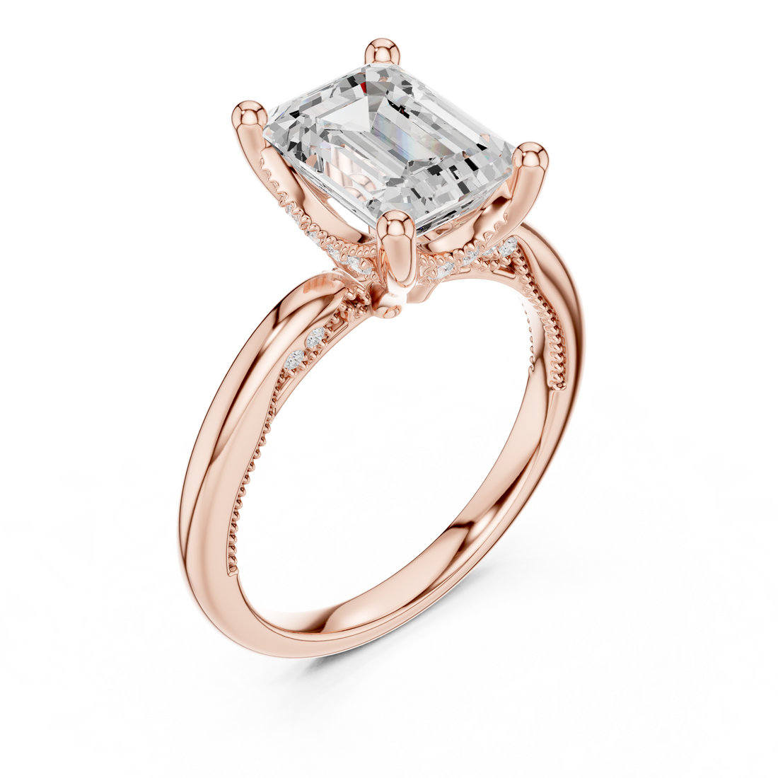 Emerald Cut Engagement Ring with Twisted Split Shank and Hidden Halo