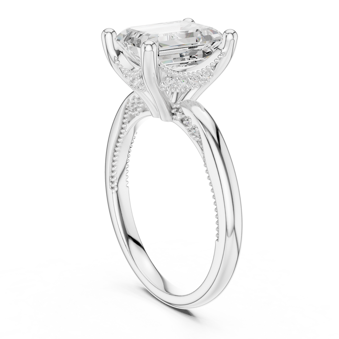 Emerald Cut Engagement Ring with Twisted Split Shank and Hidden Halo