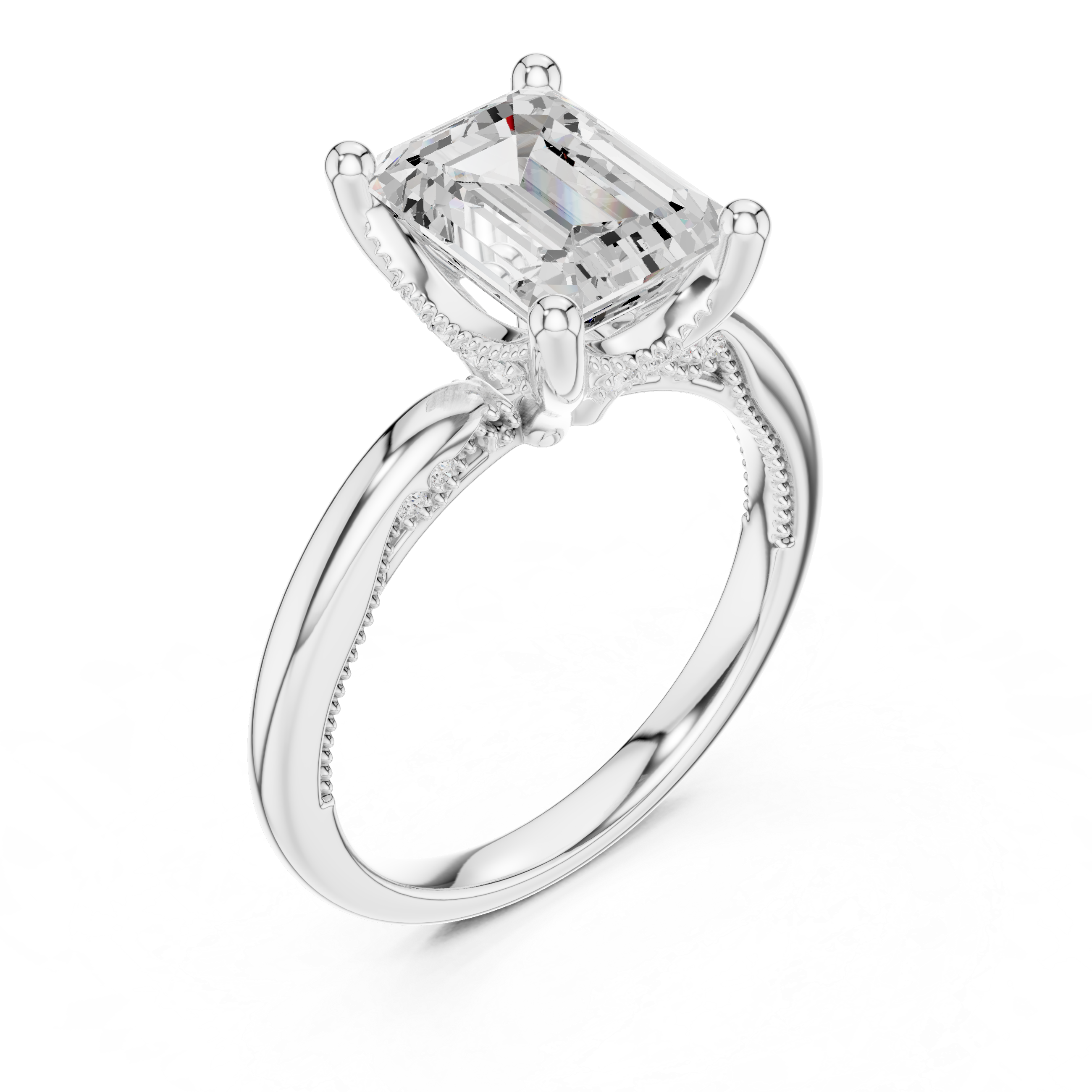Emerald Cut Engagement Ring with Twisted Split Shank and Hidden Halo