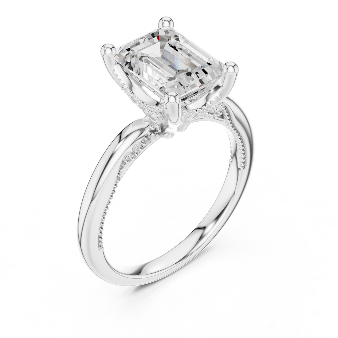 Emerald Cut Engagement Ring with Twisted Split Shank and Hidden Halo