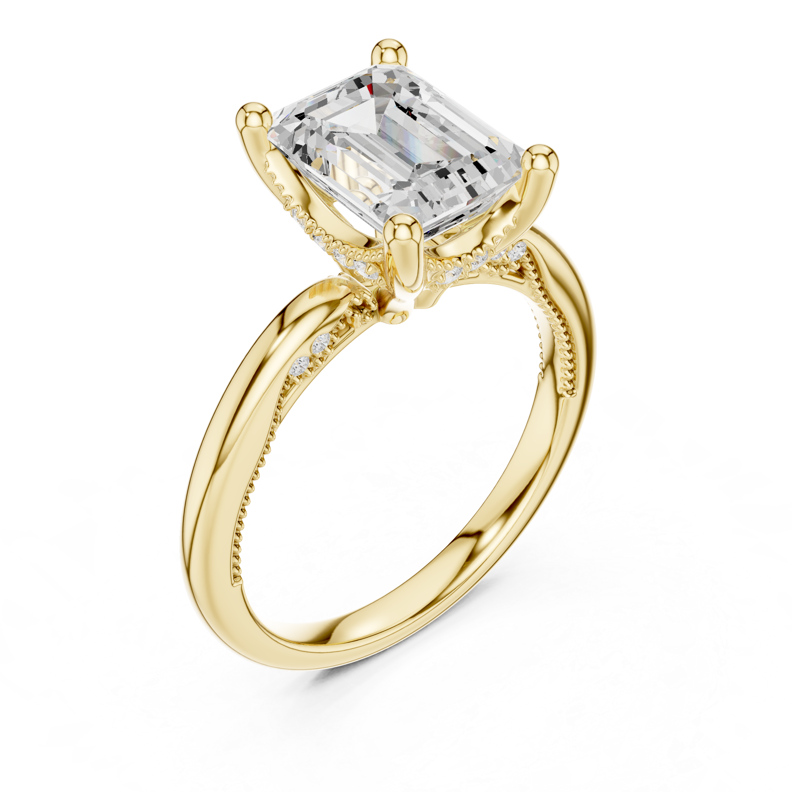 Emerald Cut Engagement Ring with Twisted Split Shank and Hidden Halo