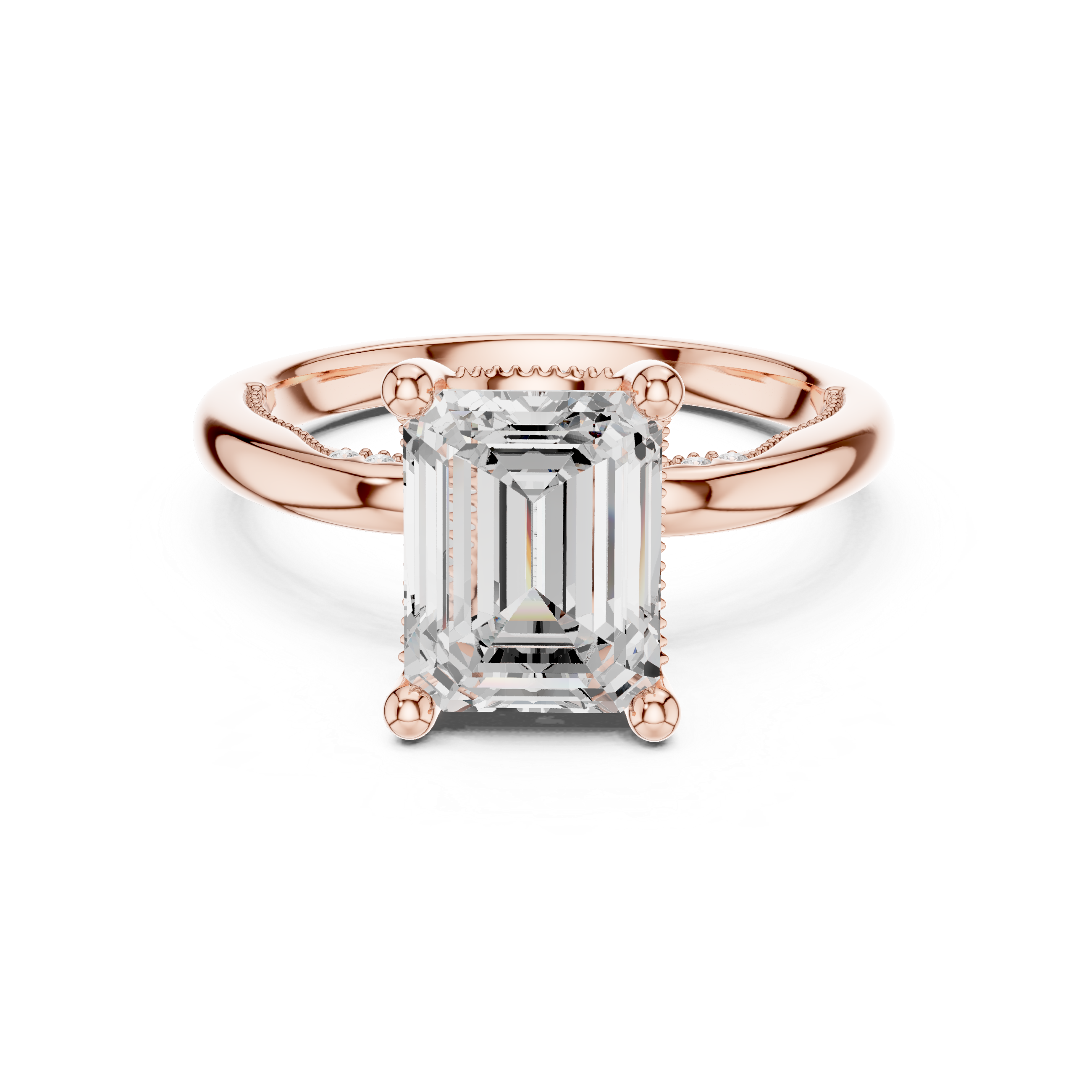 Emerald Cut Engagement Ring with Twisted Split Shank and Hidden Halo