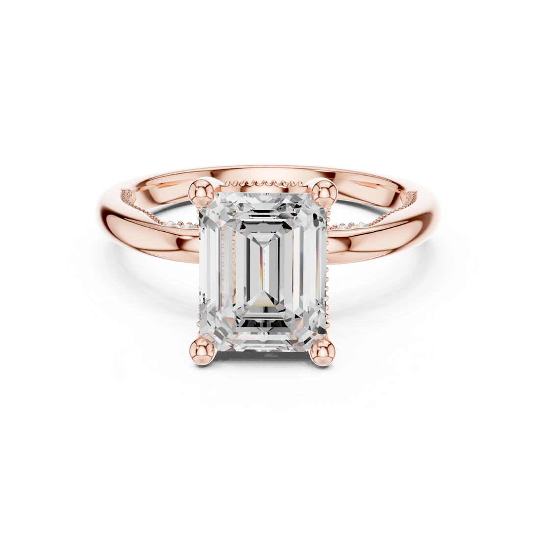 Emerald Cut Engagement Ring with Twisted Split Shank and Hidden Halo