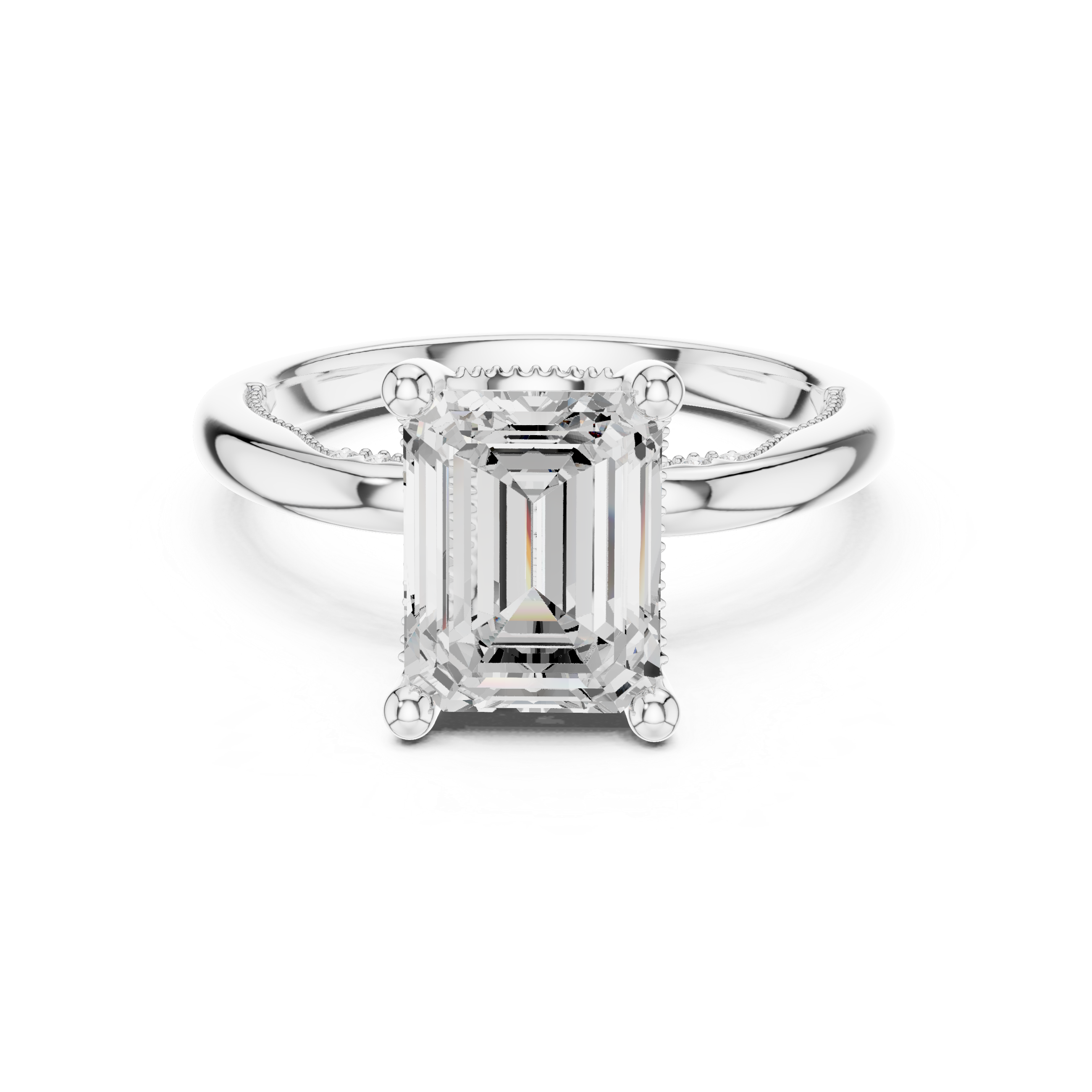 Emerald Cut Engagement Ring with Twisted Split Shank and Hidden Halo