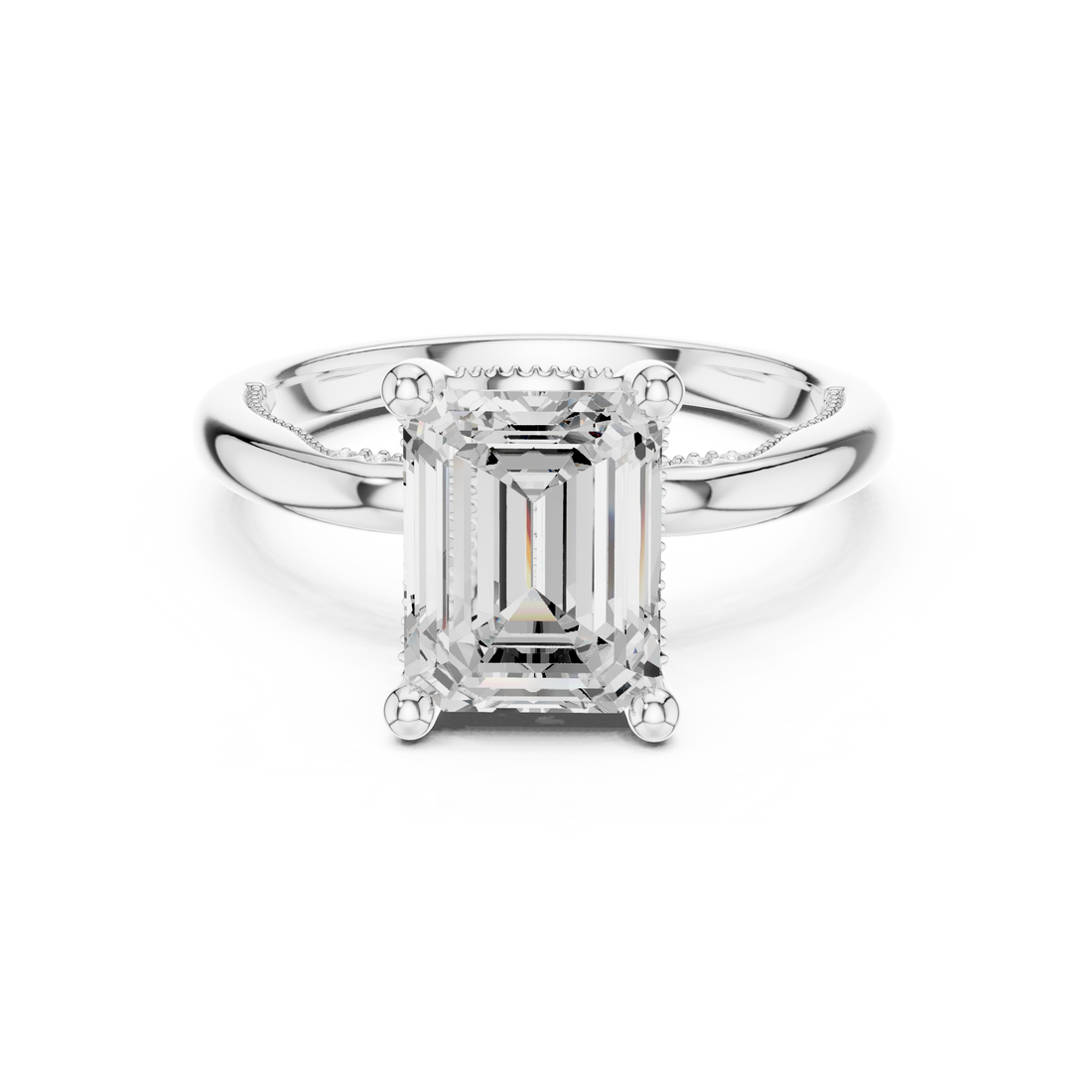 Emerald Cut Engagement Ring with Twisted Split Shank and Hidden Halo