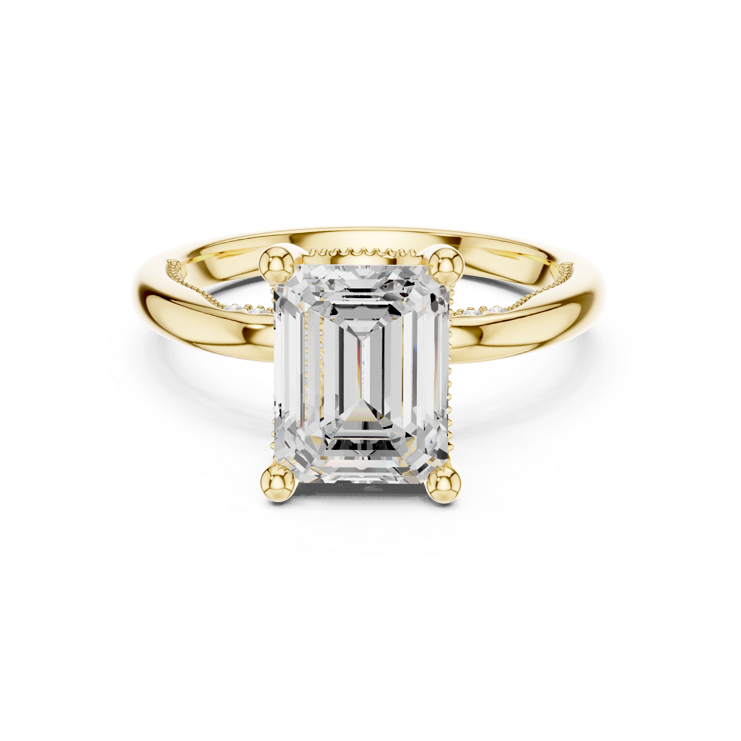 Emerald Cut Engagement Ring with Twisted Split Shank and Hidden Halo