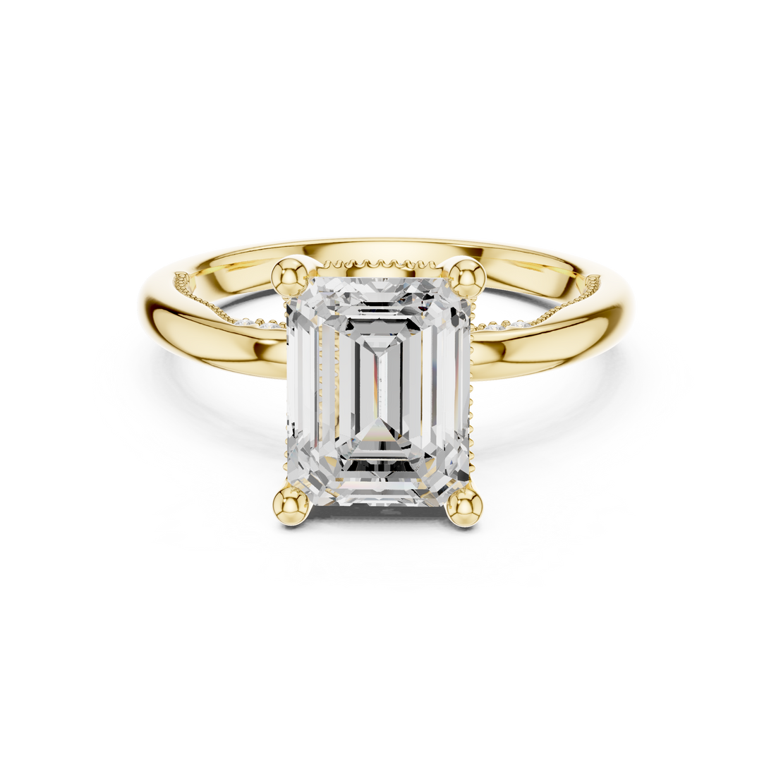 Emerald Cut Engagement Ring with Twisted Split Shank and Hidden Halo