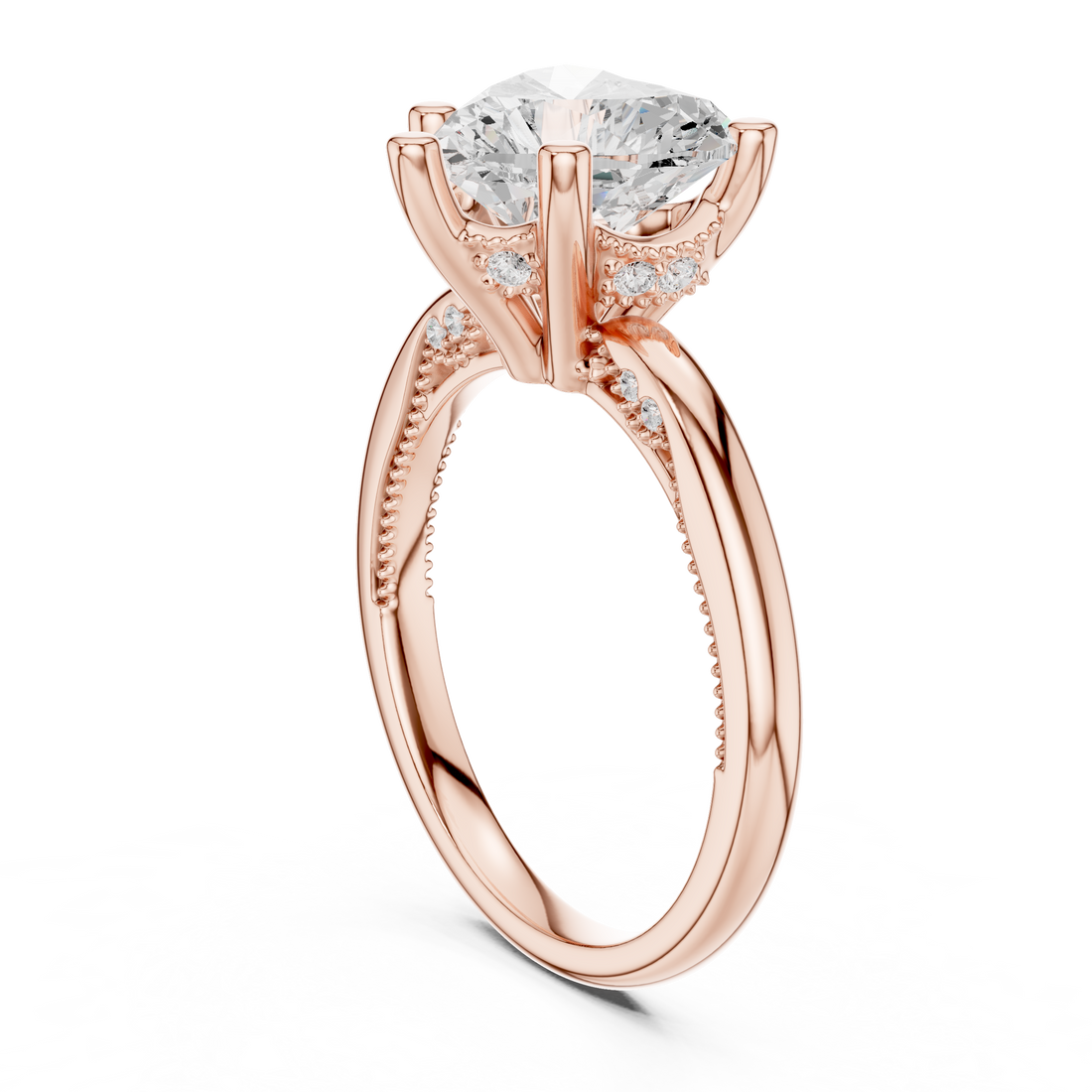 Heart Cut Engagement Ring with Twisted Split Shank and Hidden Halo