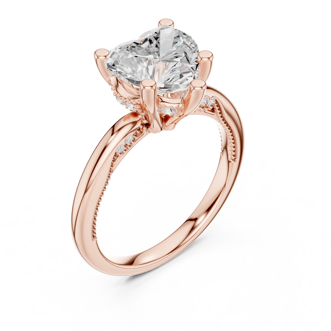 Heart Cut Engagement Ring with Twisted Split Shank and Hidden Halo