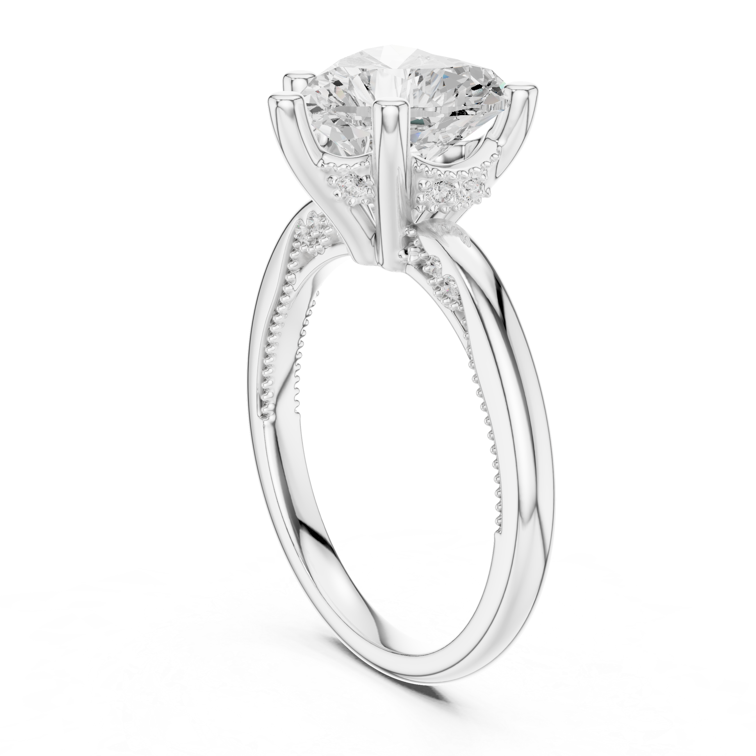 Heart Cut Engagement Ring with Twisted Split Shank and Hidden Halo