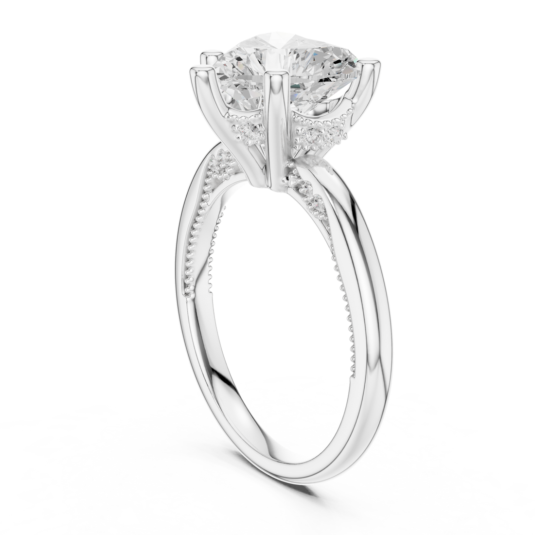 Heart Cut Engagement Ring with Twisted Split Shank and Hidden Halo