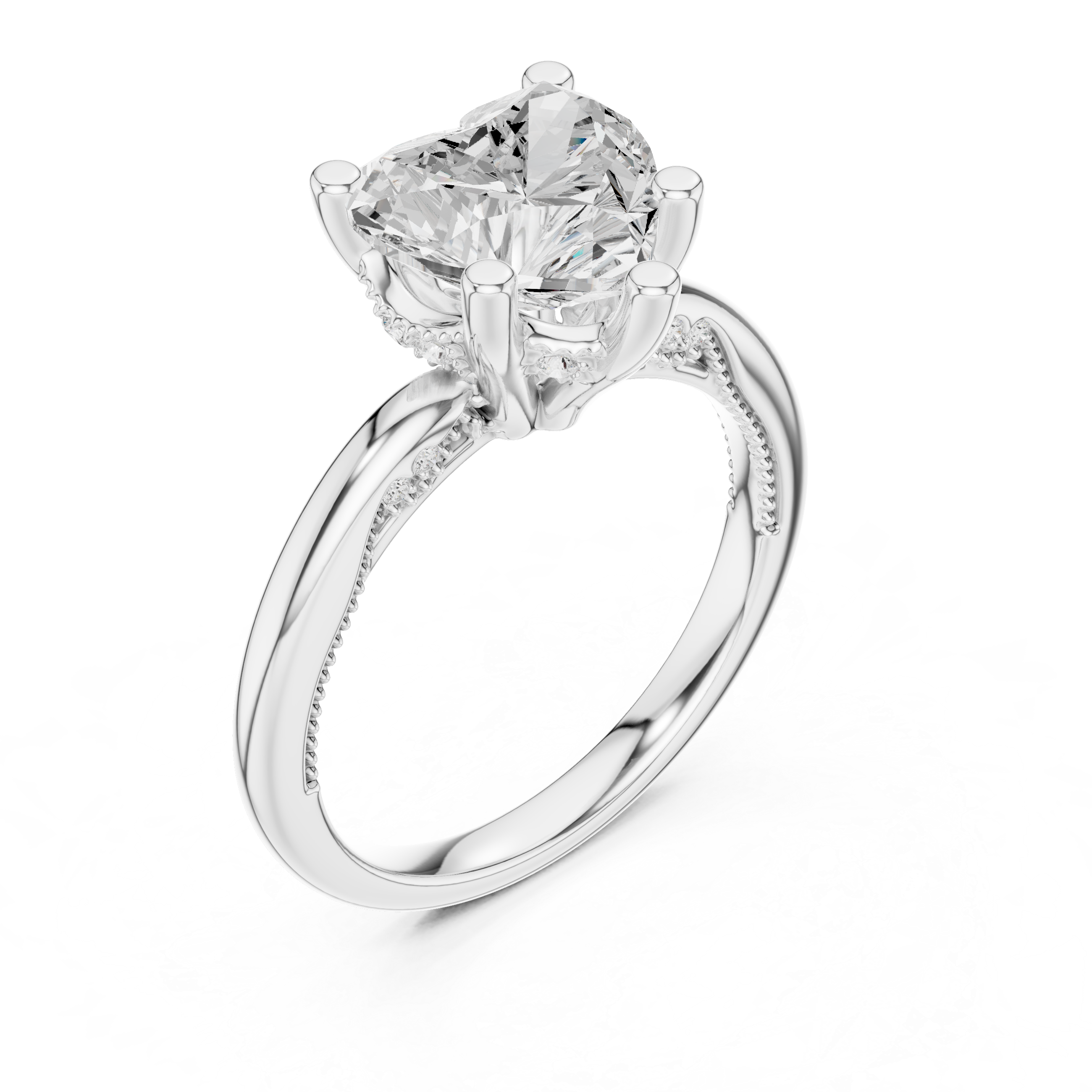 Heart Cut Engagement Ring with Twisted Split Shank and Hidden Halo