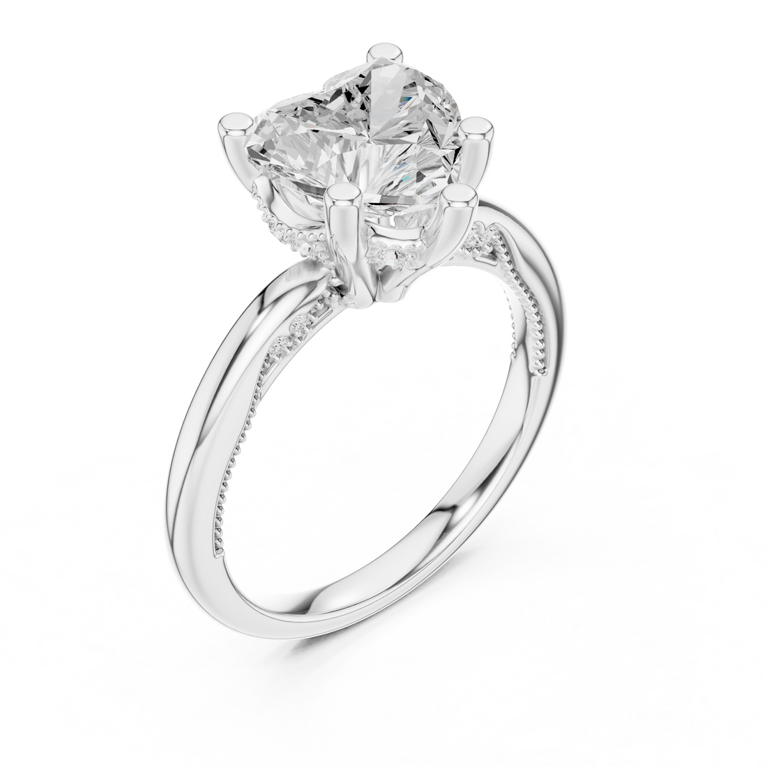 Heart Cut Engagement Ring with Twisted Split Shank and Hidden Halo