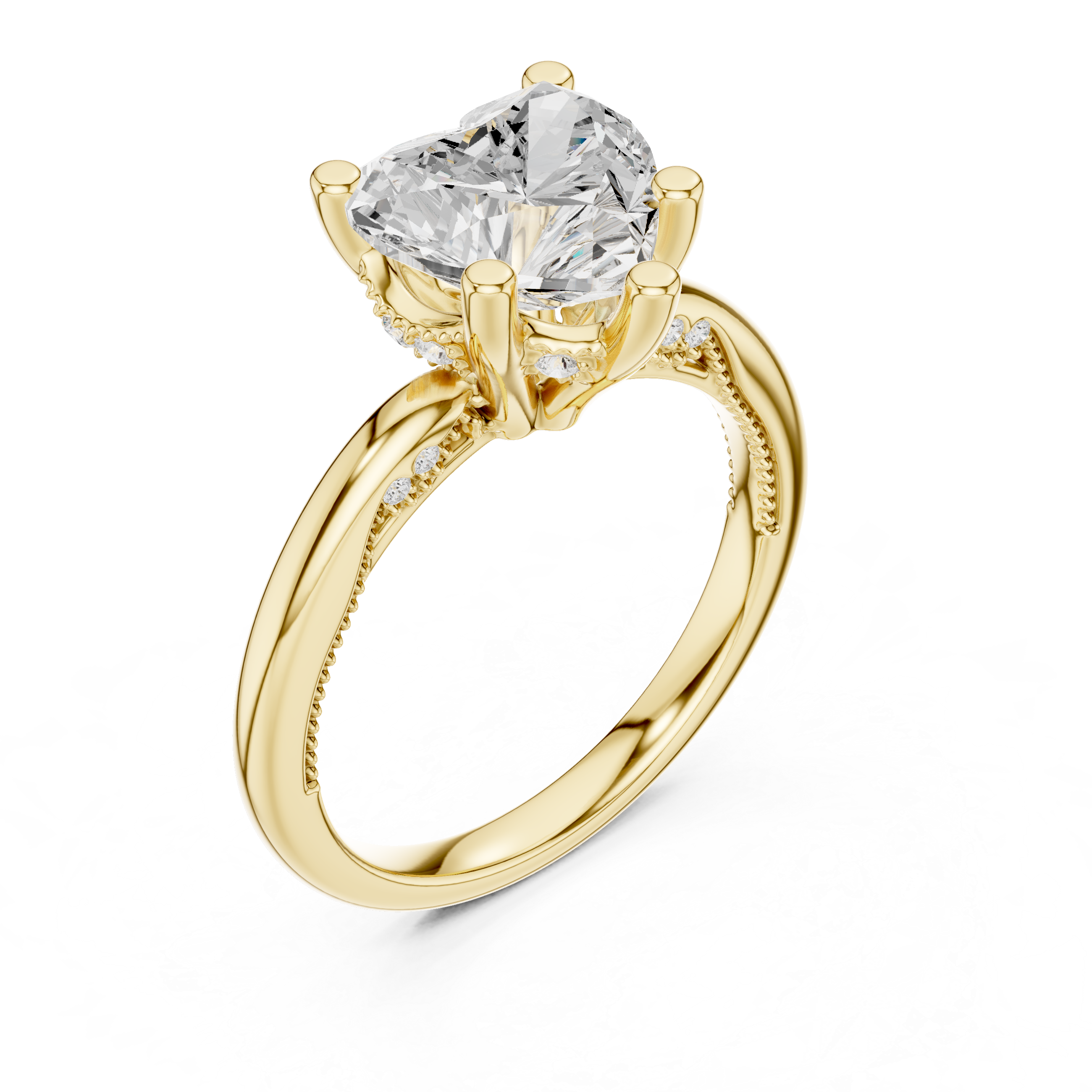 Heart Cut Engagement Ring with Twisted Split Shank and Hidden Halo