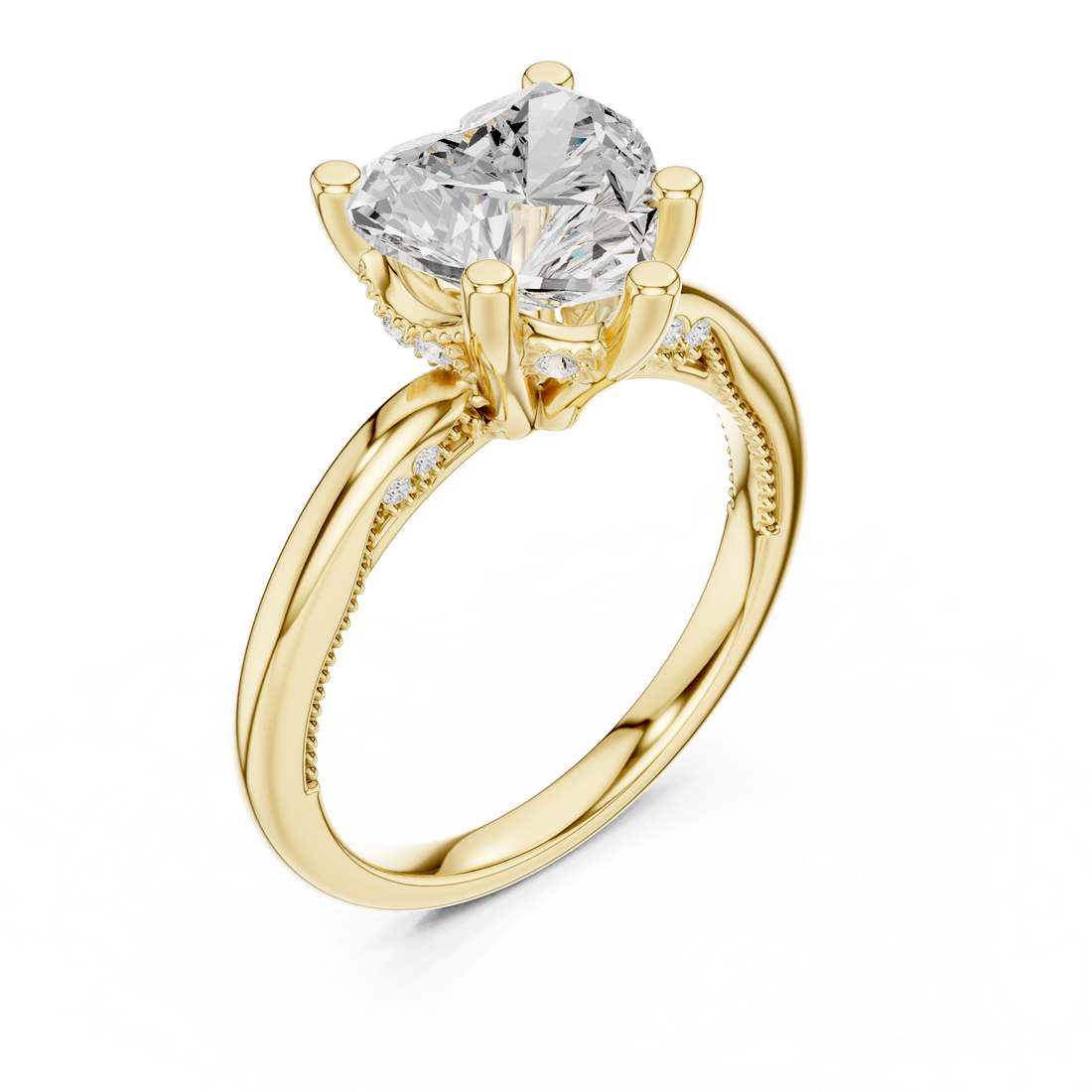 Heart Cut Engagement Ring with Twisted Split Shank and Hidden Halo
