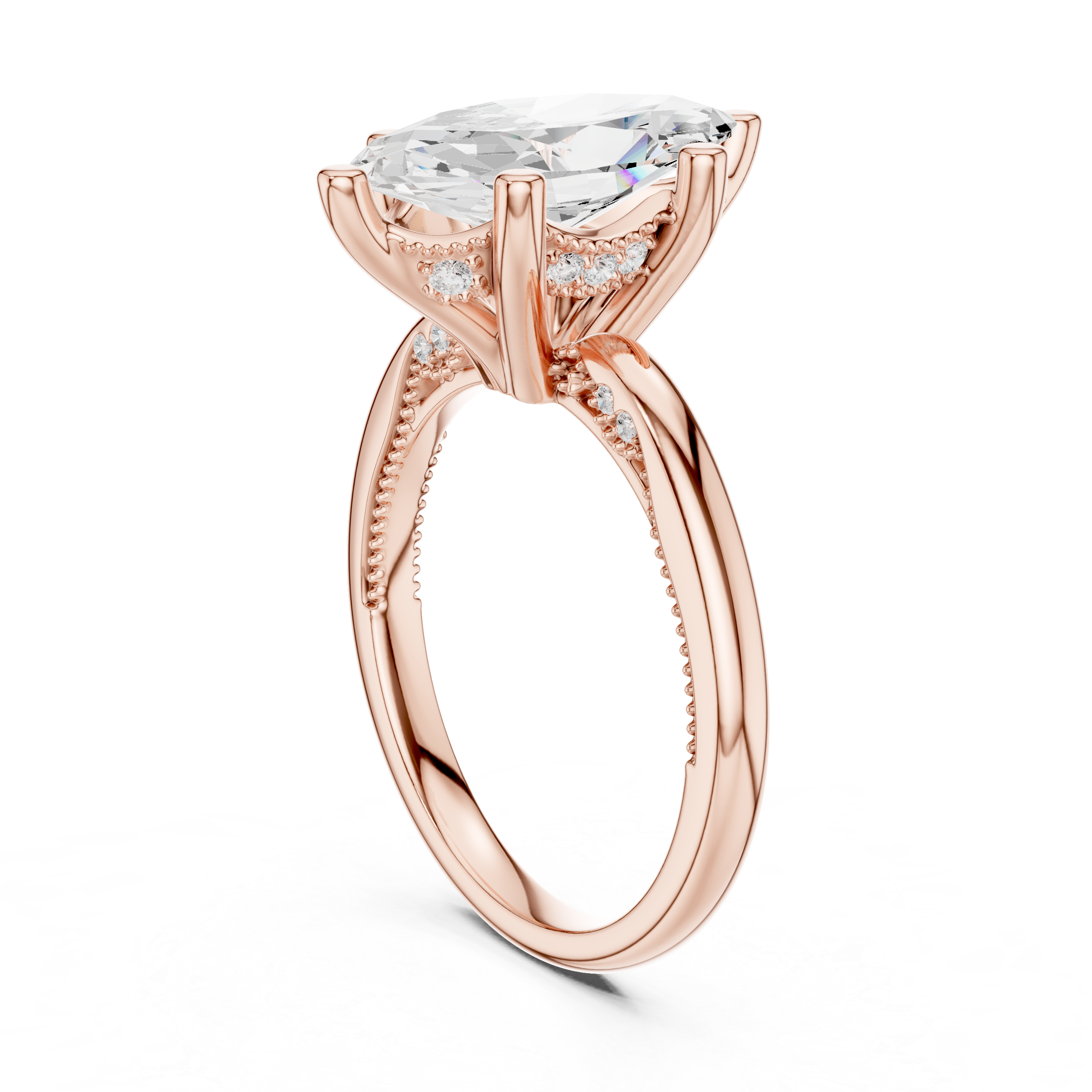 Marquise Cut Engagement Ring with Twisted Split Shank and Hidden Halo