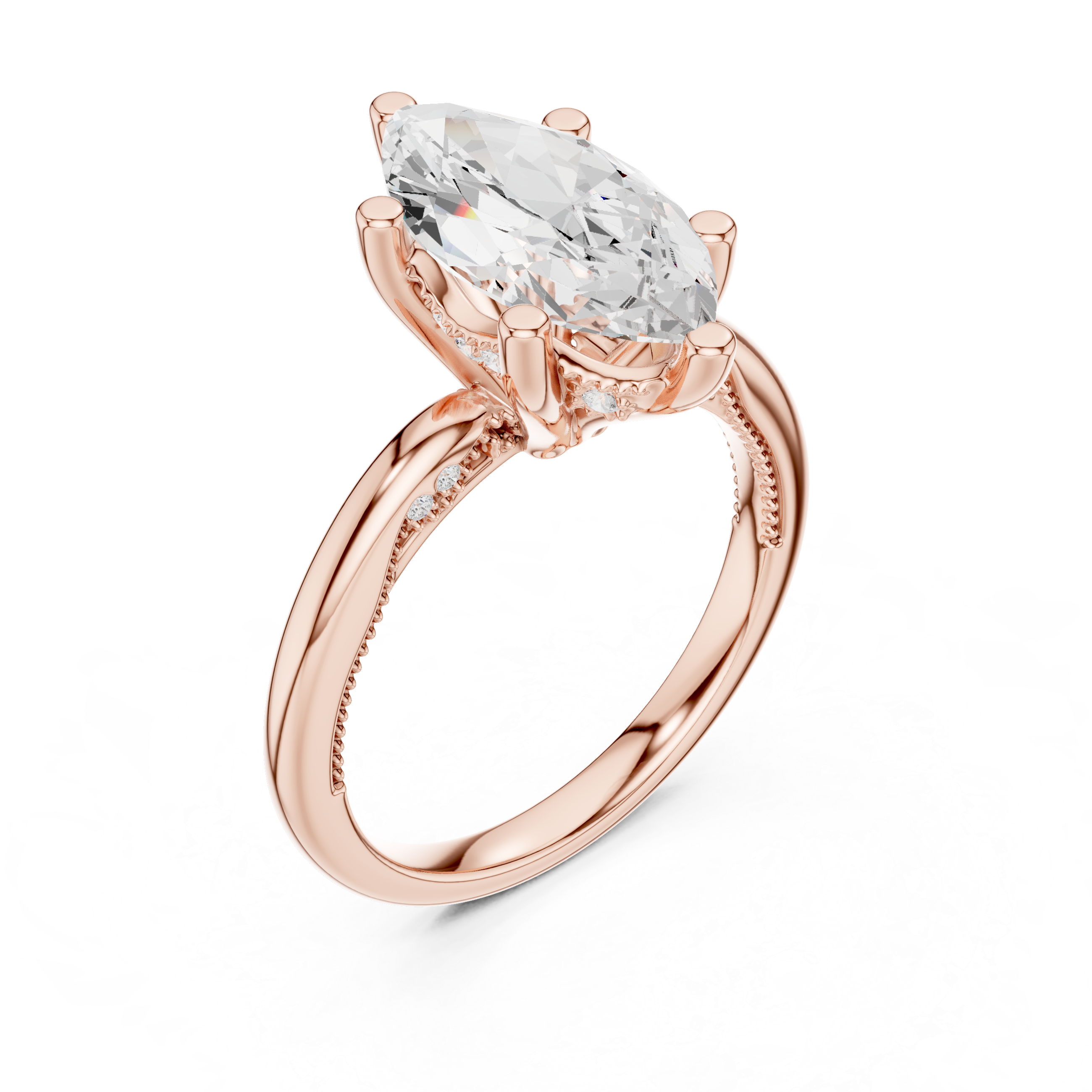 Marquise Cut Engagement Ring with Twisted Split Shank and Hidden Halo