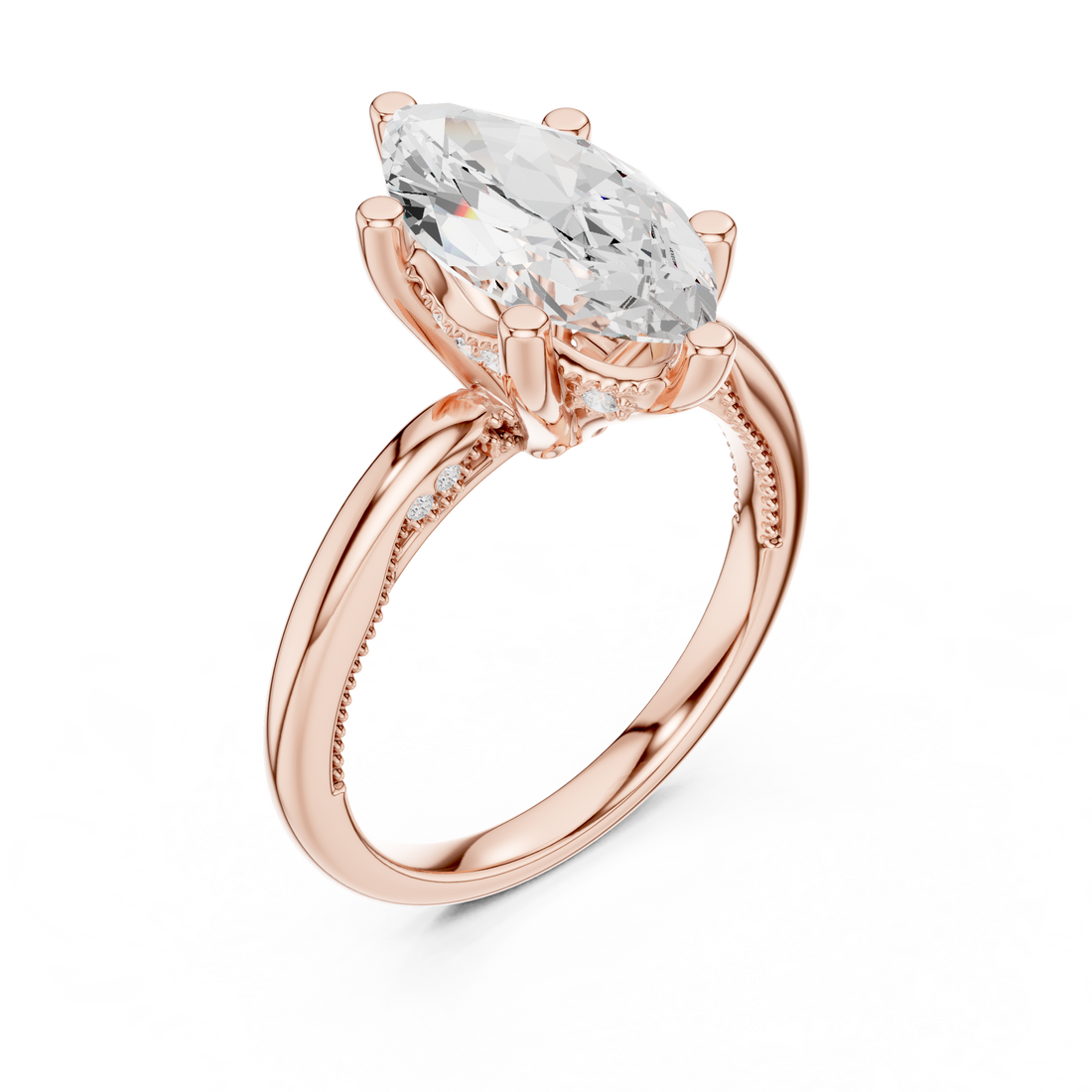 Marquise Cut Engagement Ring with Twisted Split Shank and Hidden Halo