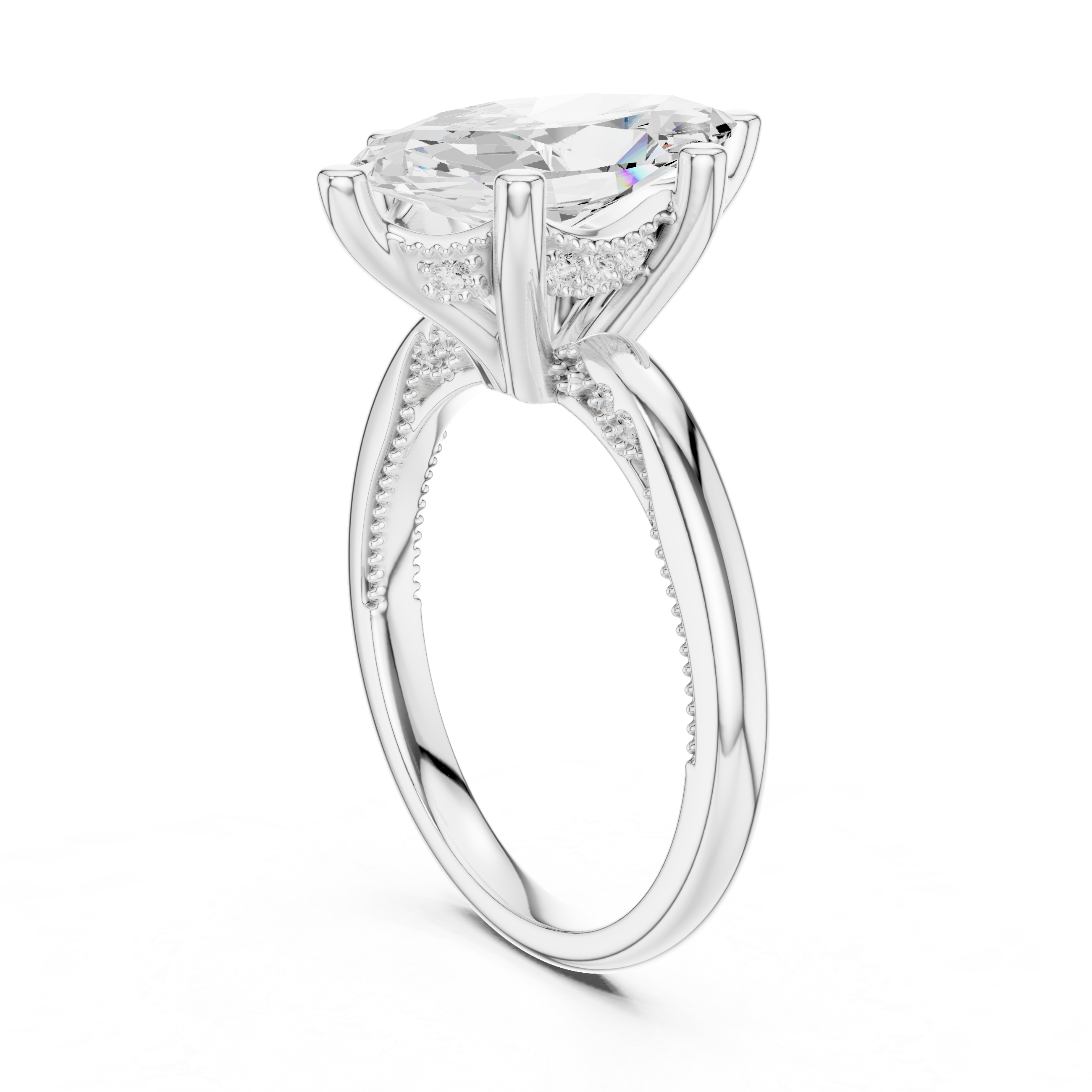 Marquise Cut Engagement Ring with Twisted Split Shank and Hidden Halo