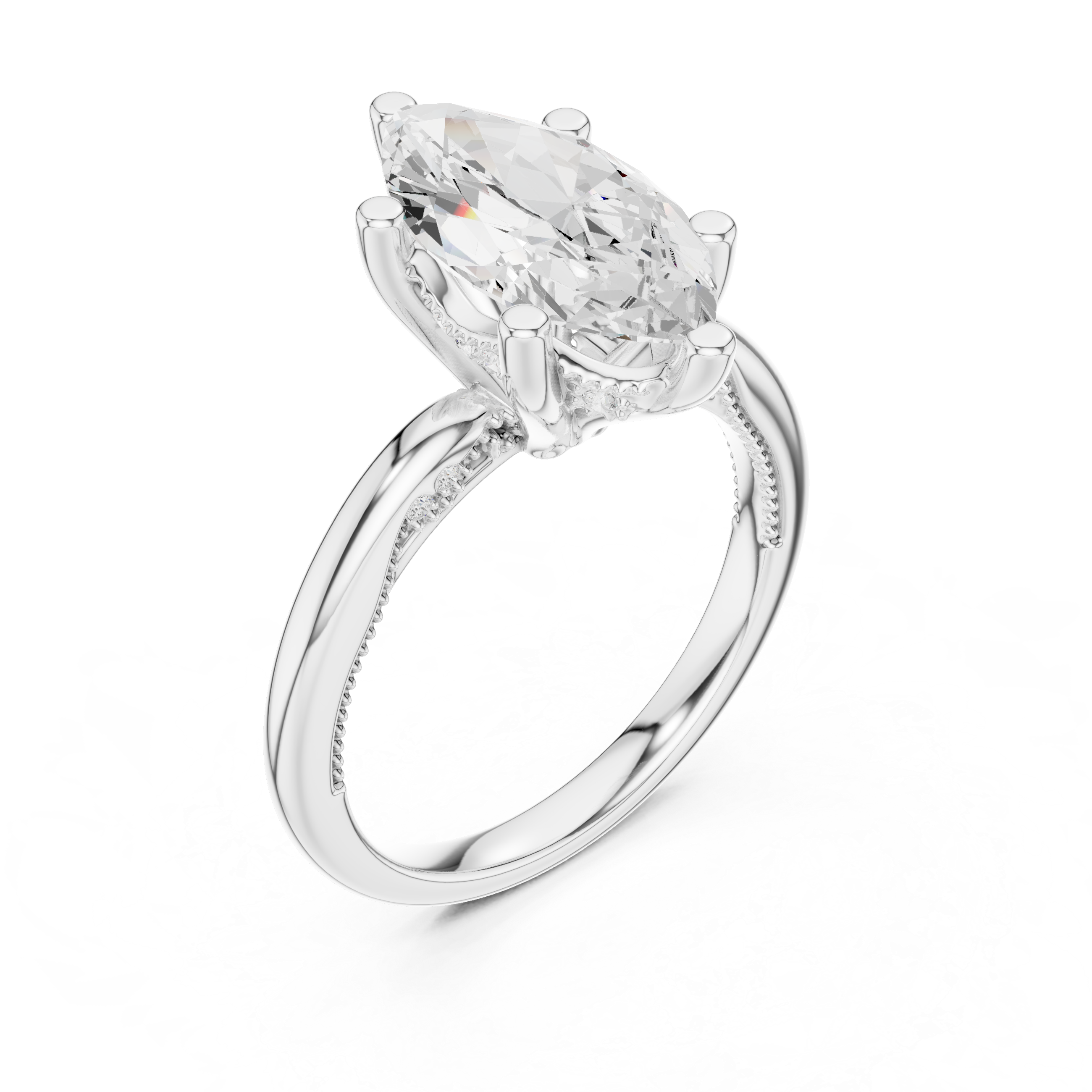 Marquise Cut Engagement Ring with Twisted Split Shank and Hidden Halo