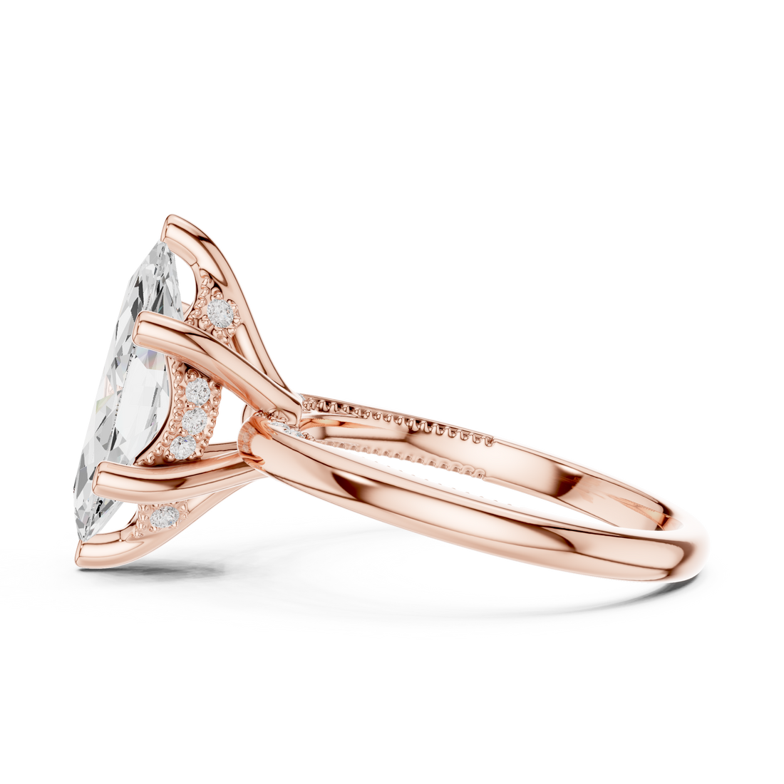 Marquise Cut Engagement Ring with Twisted Split Shank and Hidden Halo