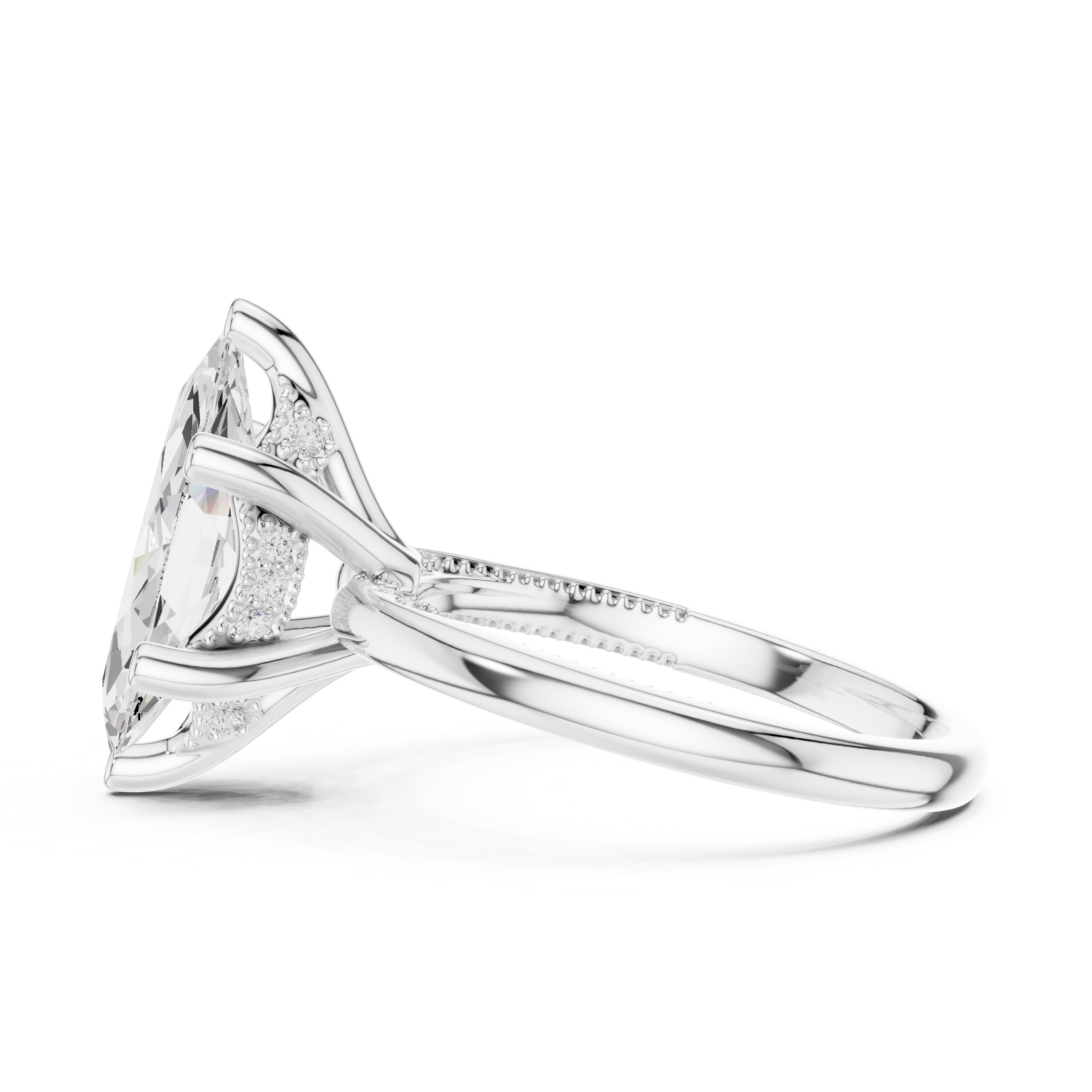 Marquise Cut Engagement Ring with Twisted Split Shank and Hidden Halo