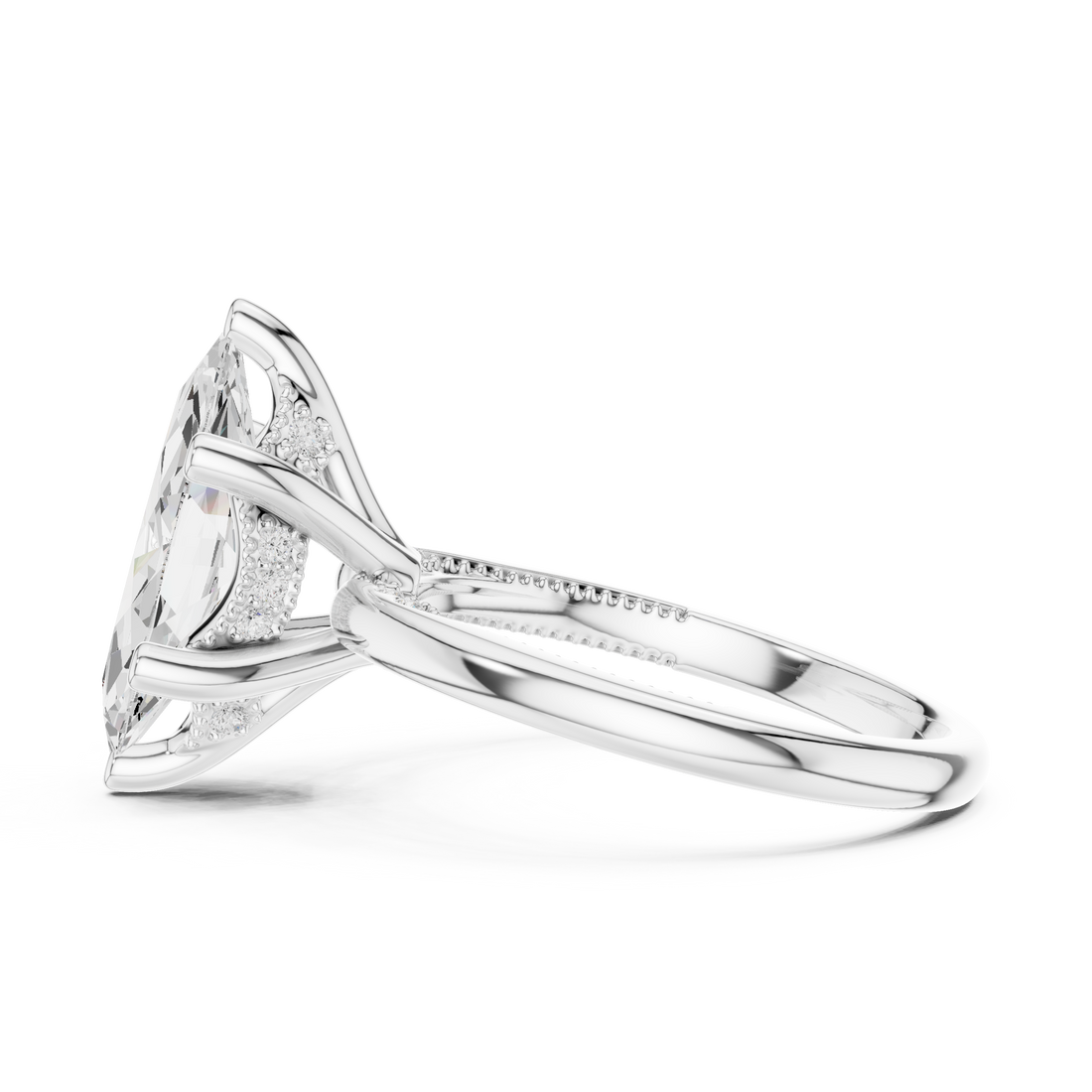Marquise Cut Engagement Ring with Twisted Split Shank and Hidden Halo