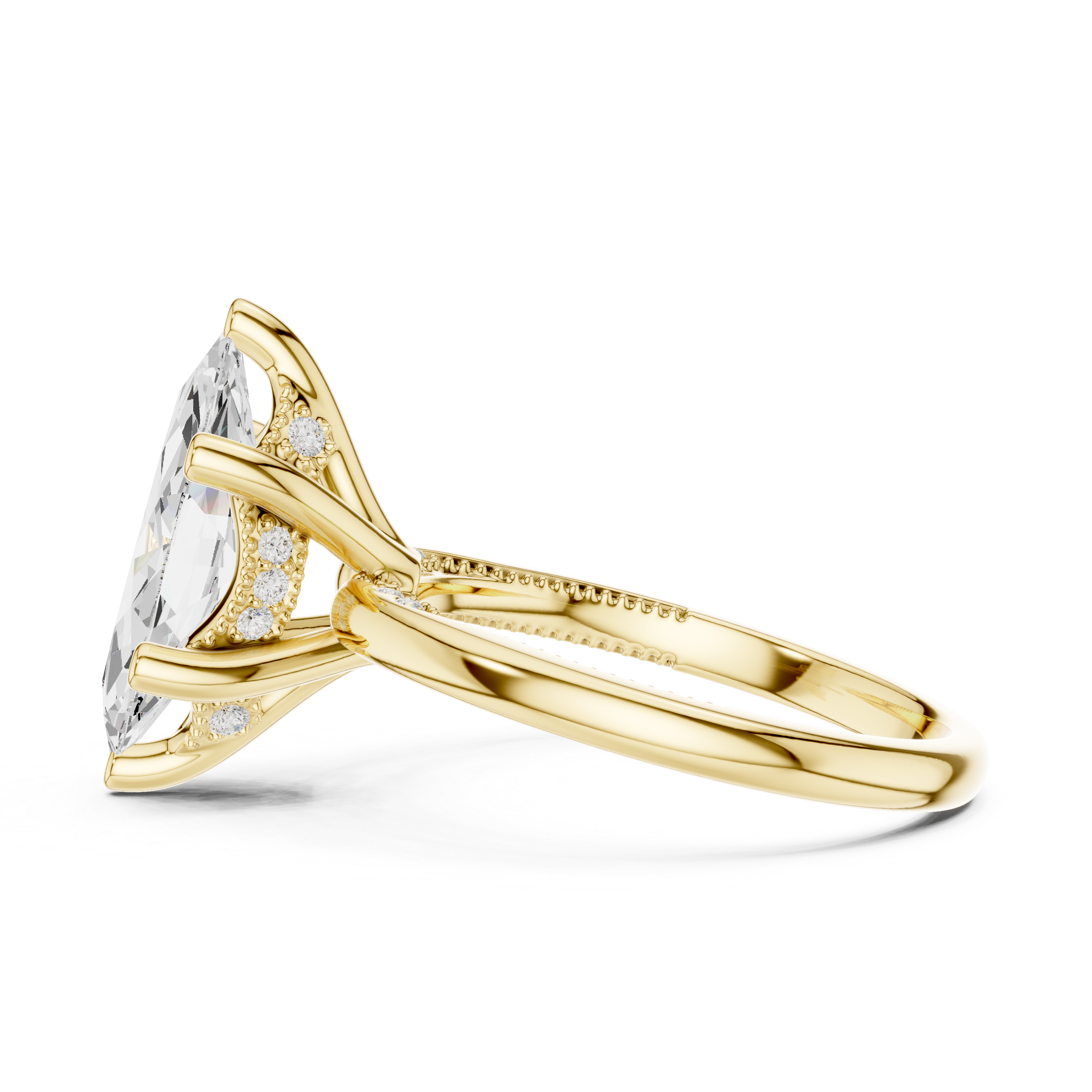 Marquise Cut Engagement Ring with Twisted Split Shank and Hidden Halo
