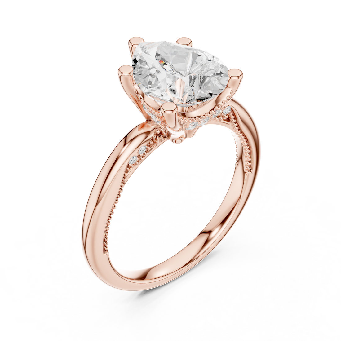 Pear Cut Engagement Ring with Twisted Split Shank and Hidden Halo