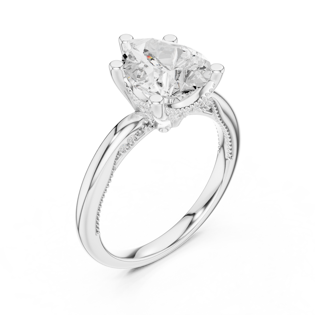 Pear Cut Engagement Ring with Twisted Split Shank and Hidden Halo