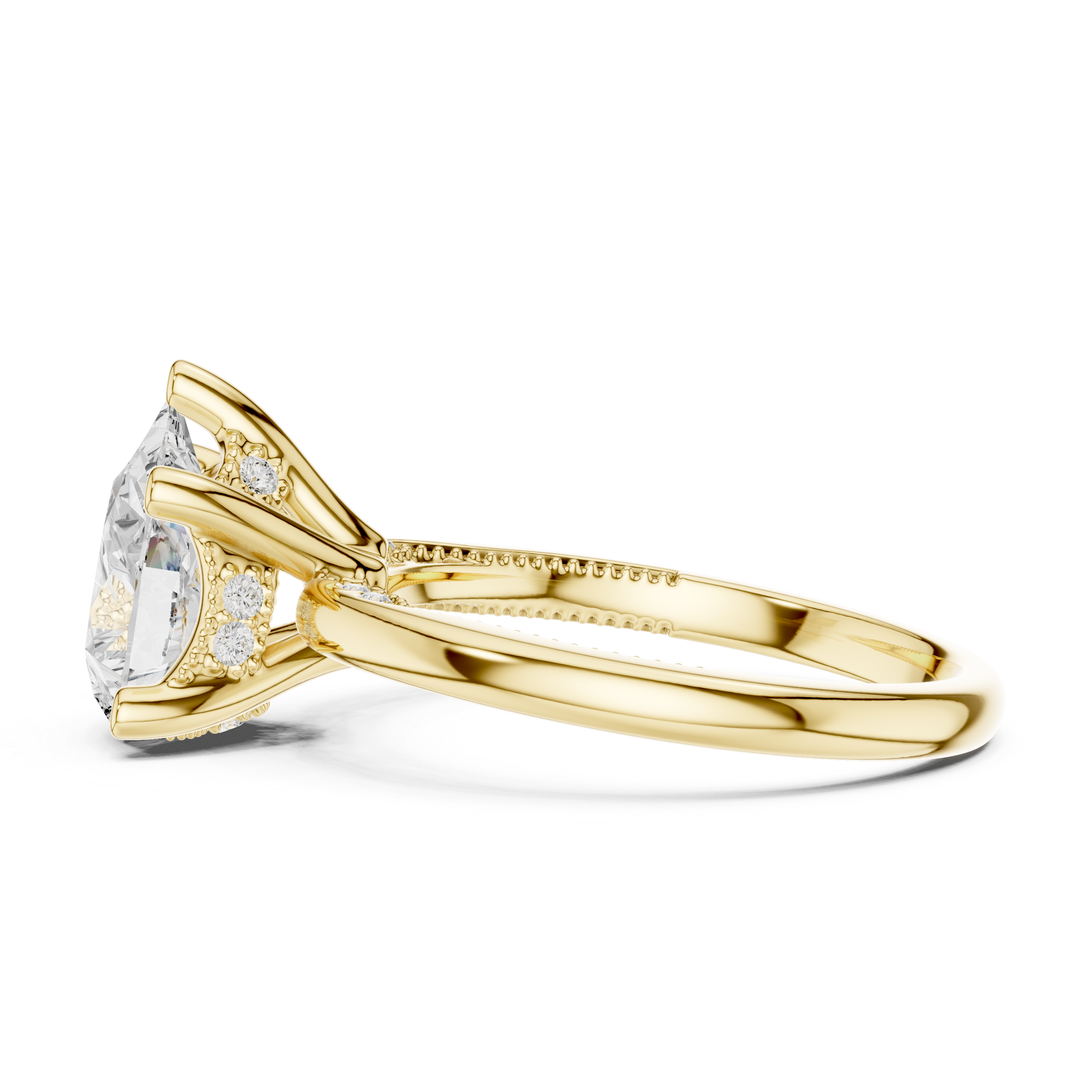 Pear Cut Engagement Ring with Twisted Split Shank and Hidden Halo