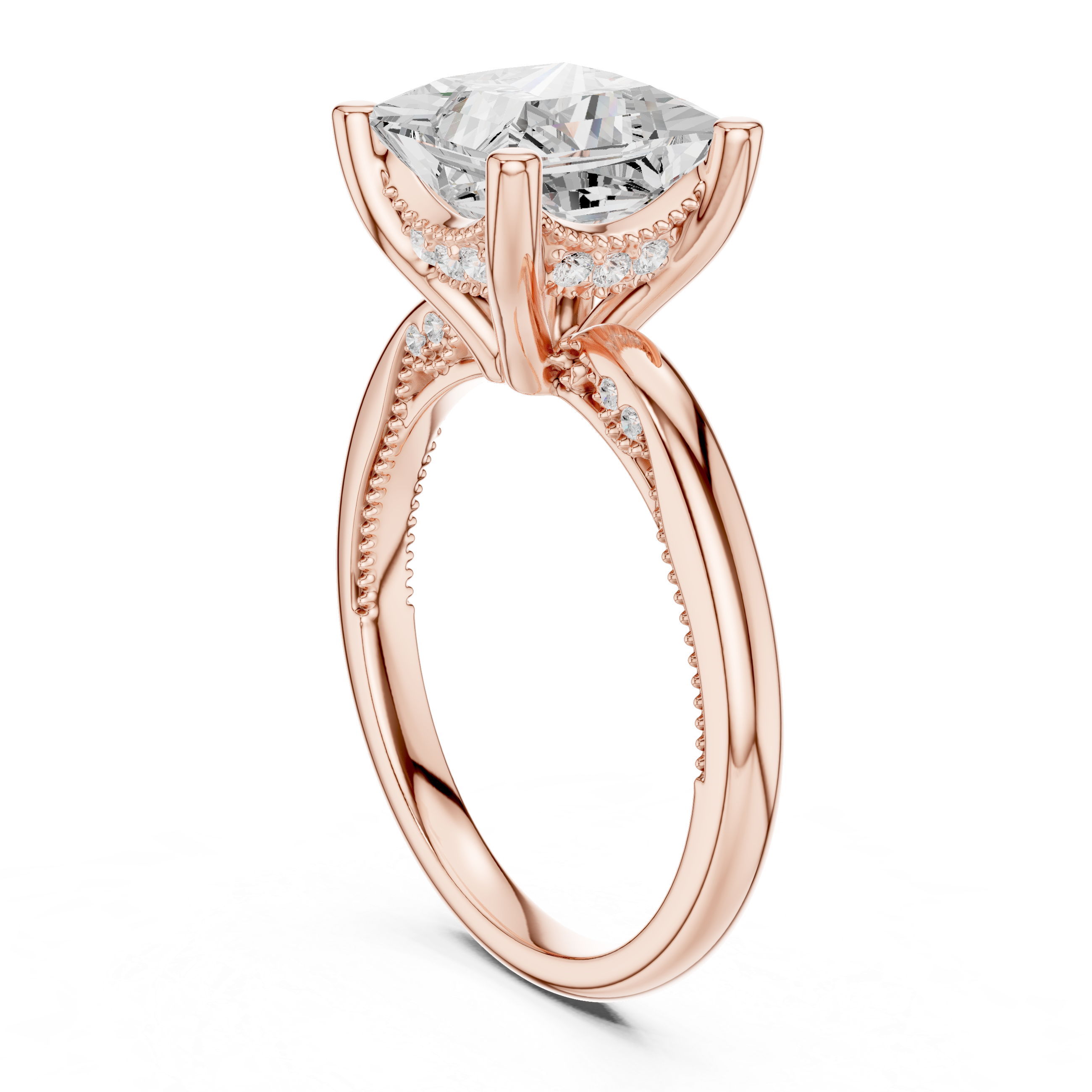 Princess Cut Engagement Ring with Twisted Split Shank and Hidden Halo