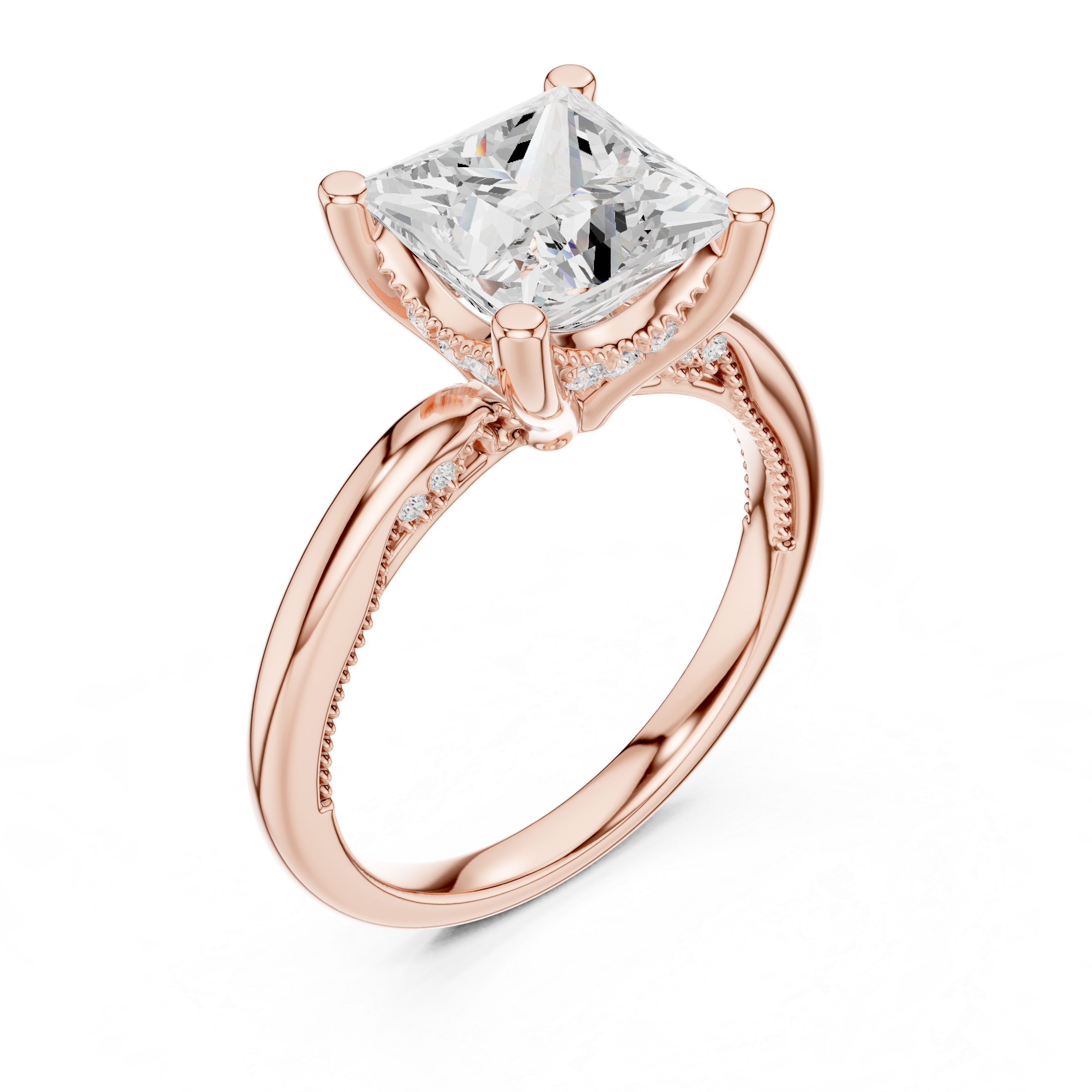 Princess Cut Engagement Ring with Twisted Split Shank and Hidden Halo