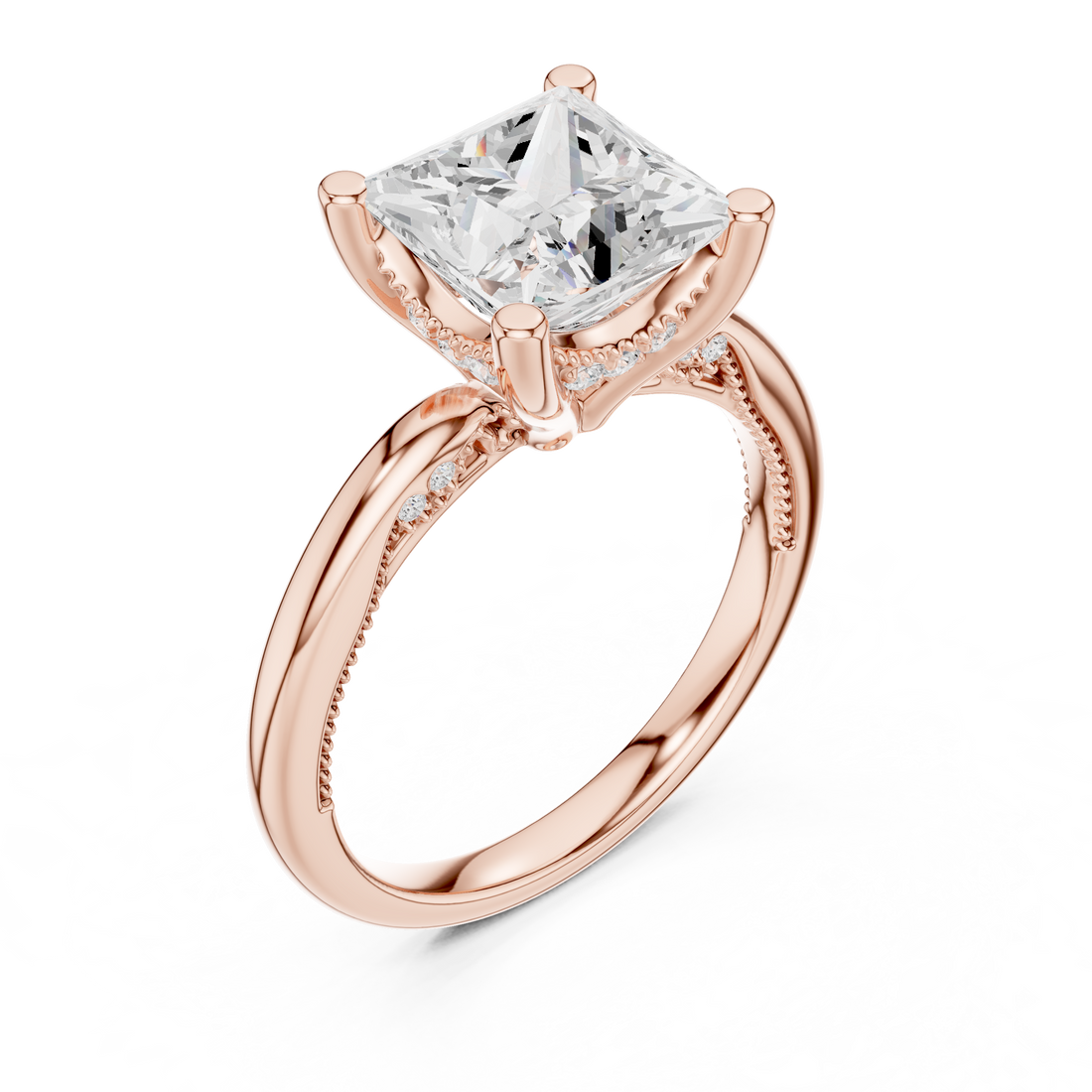 Princess Cut Engagement Ring with Twisted Split Shank and Hidden Halo
