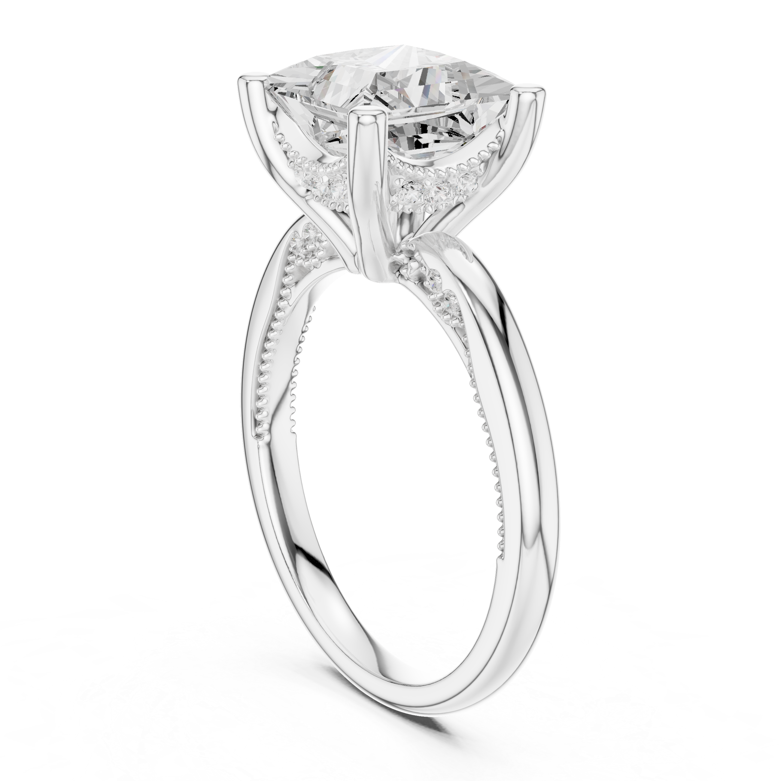 Princess Cut Engagement Ring with Twisted Split Shank and Hidden Halo