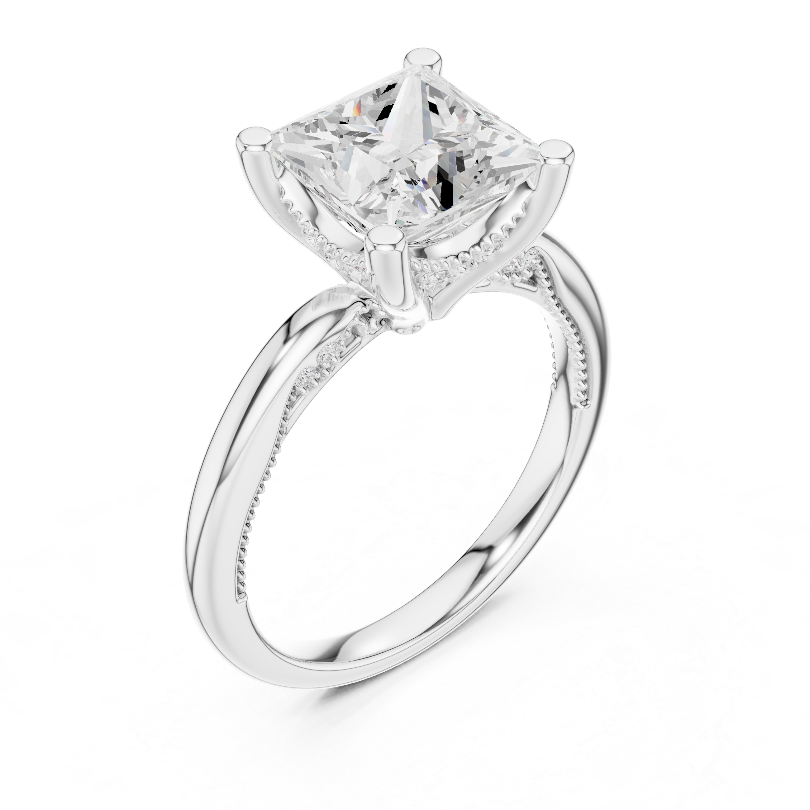 Princess Cut Engagement Ring with Twisted Split Shank and Hidden Halo