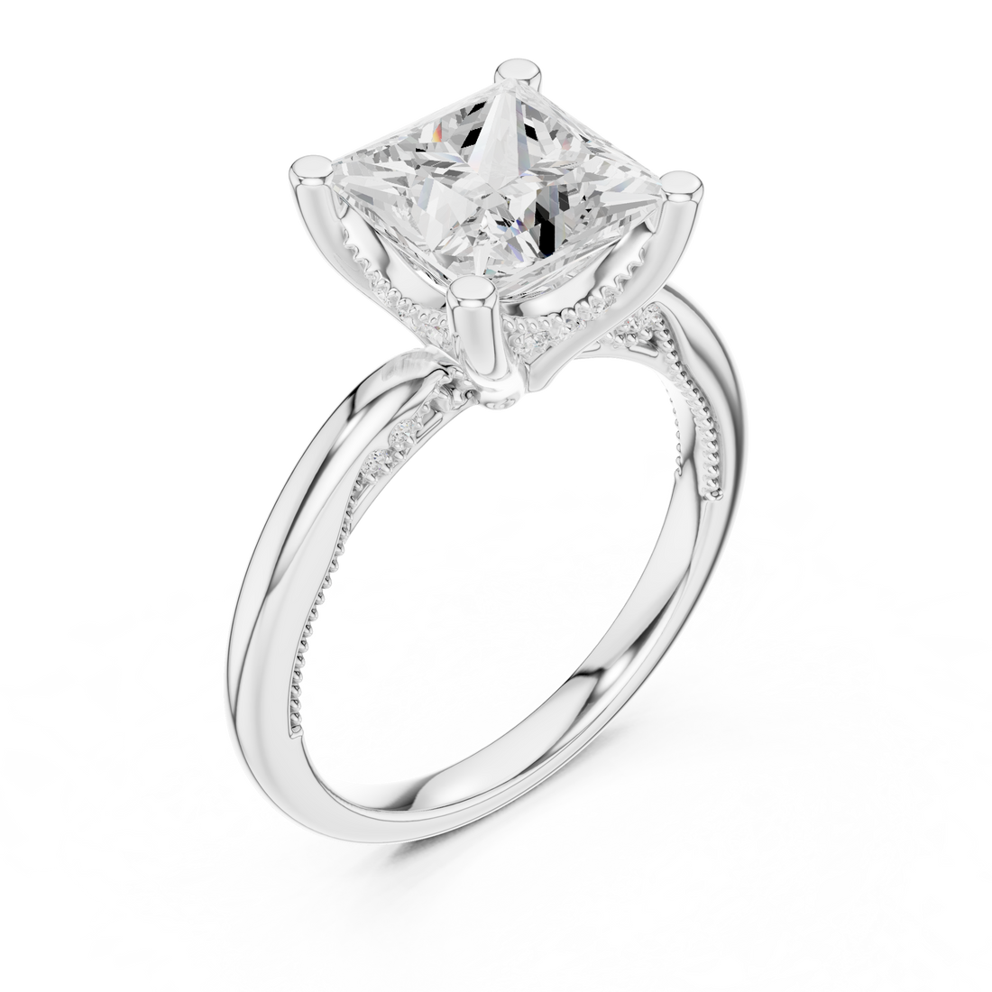 Princess Cut Engagement Ring with Twisted Split Shank and Hidden Halo