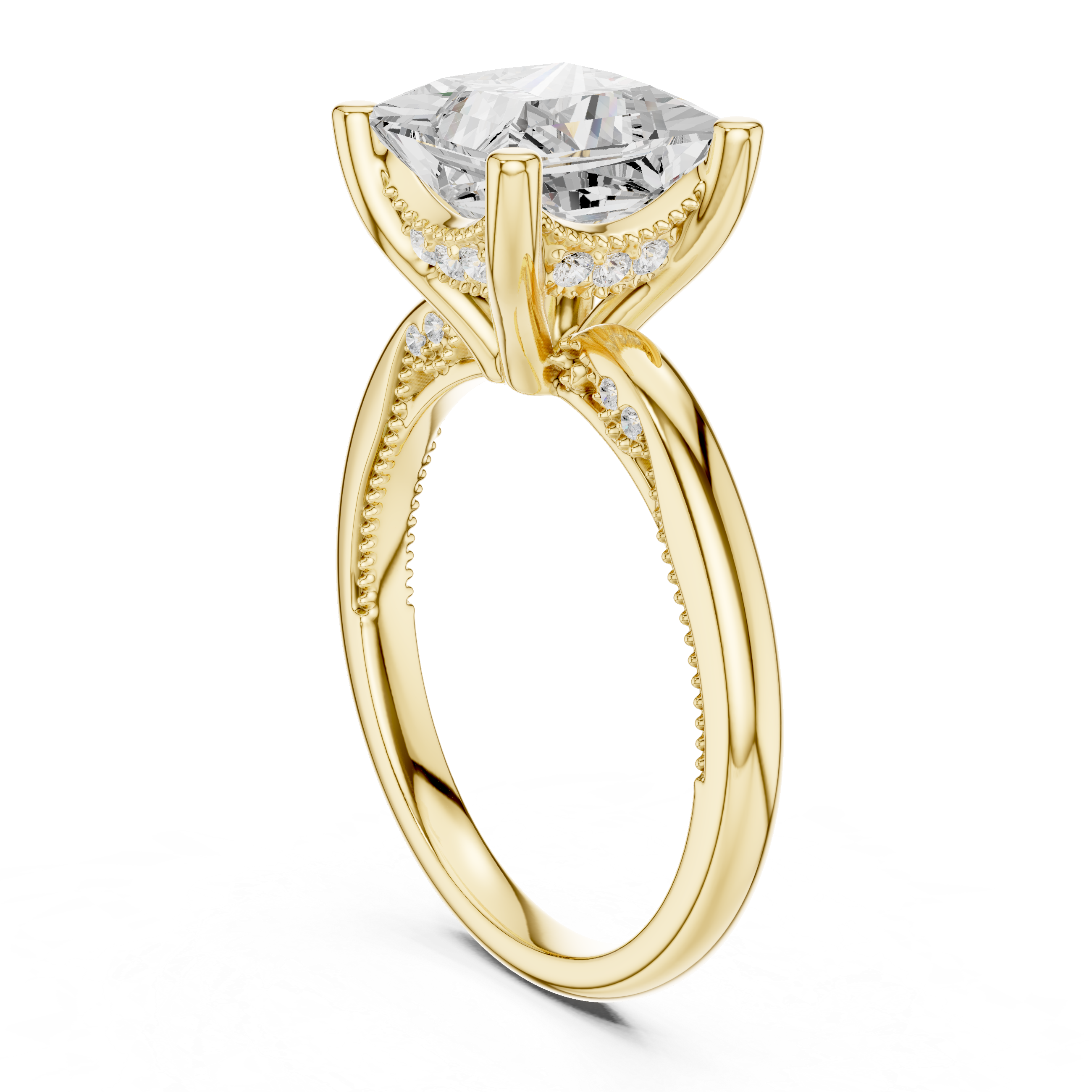 Princess Cut Engagement Ring with Twisted Split Shank and Hidden Halo