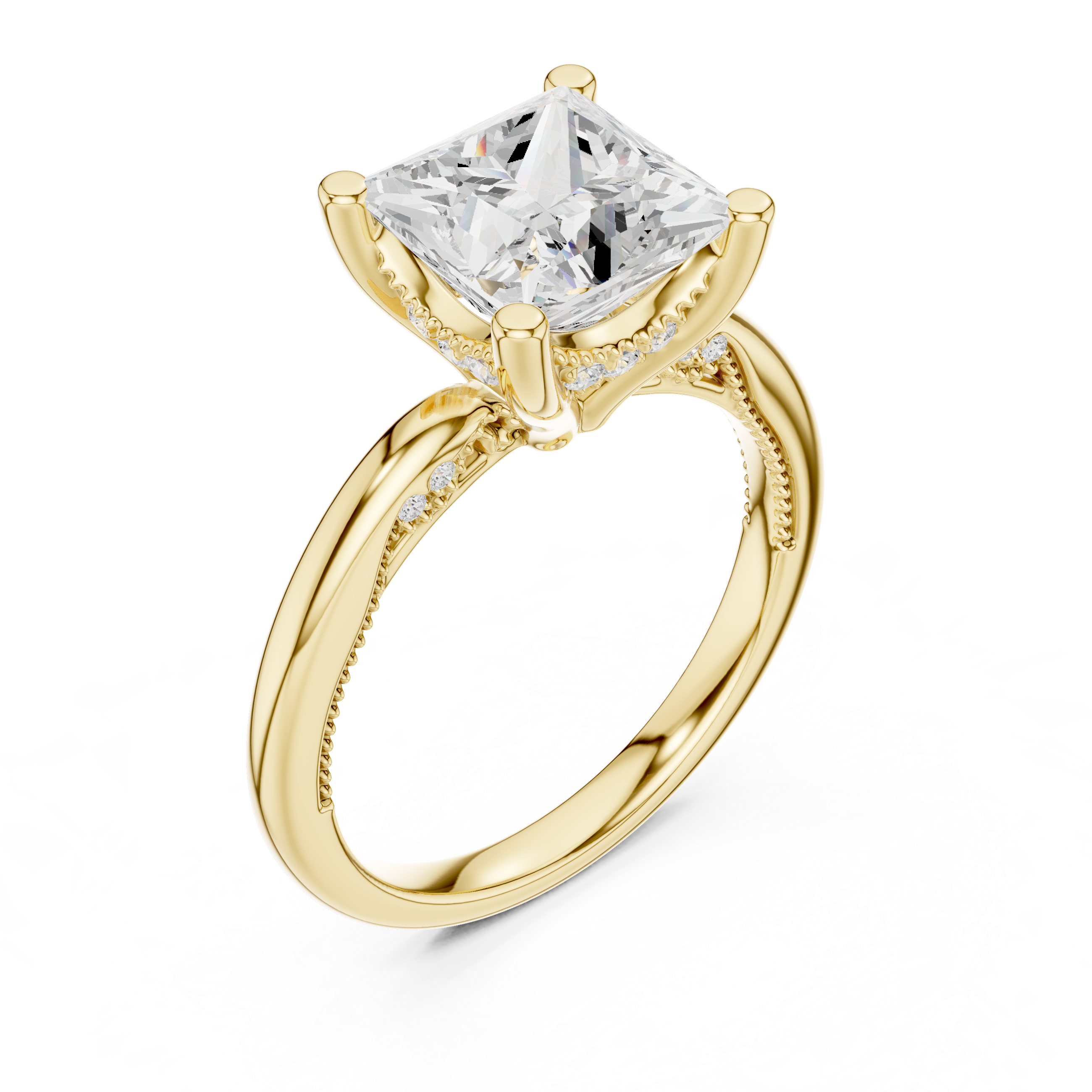 Princess Cut Engagement Ring with Twisted Split Shank and Hidden Halo