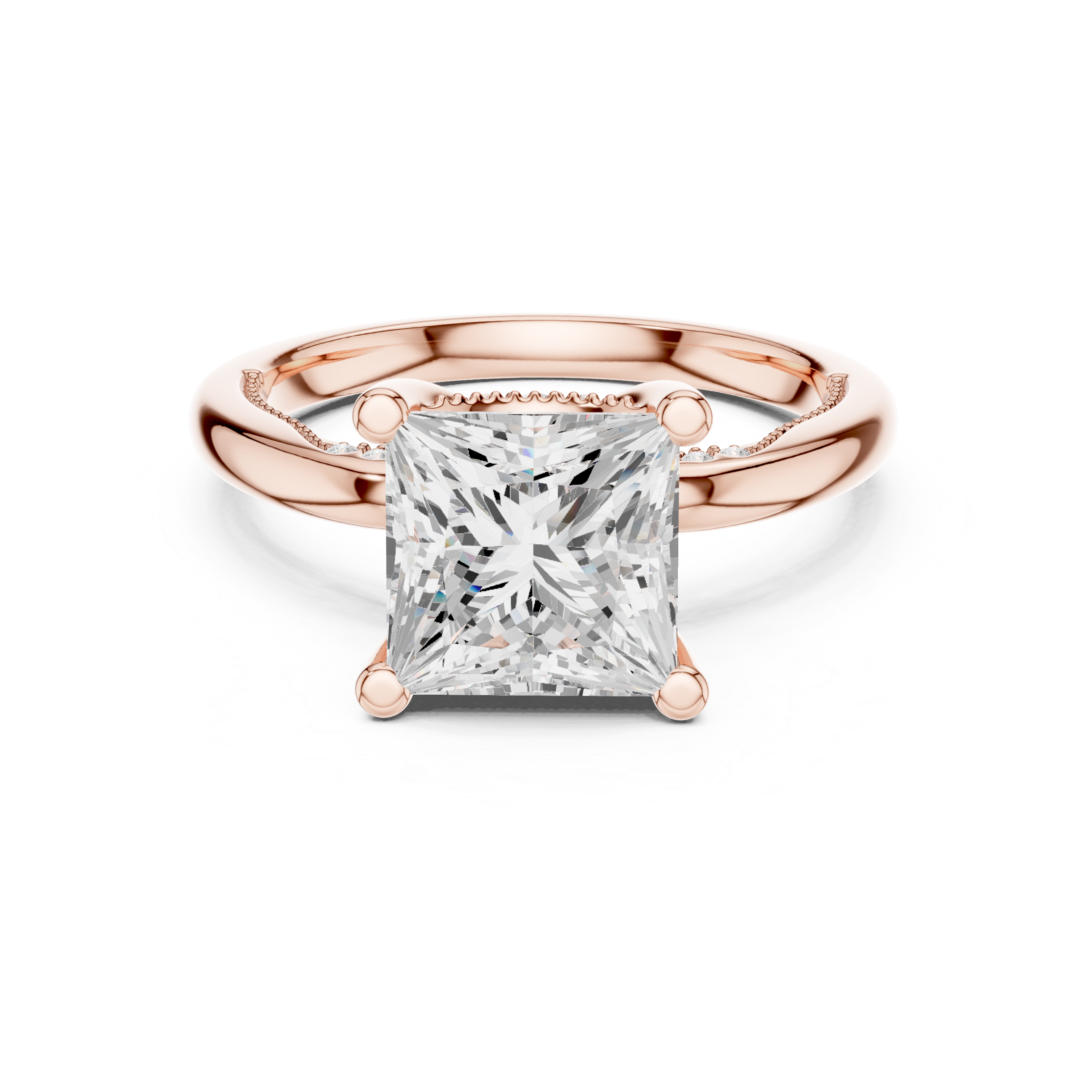 Princess Cut Engagement Ring with Twisted Split Shank and Hidden Halo