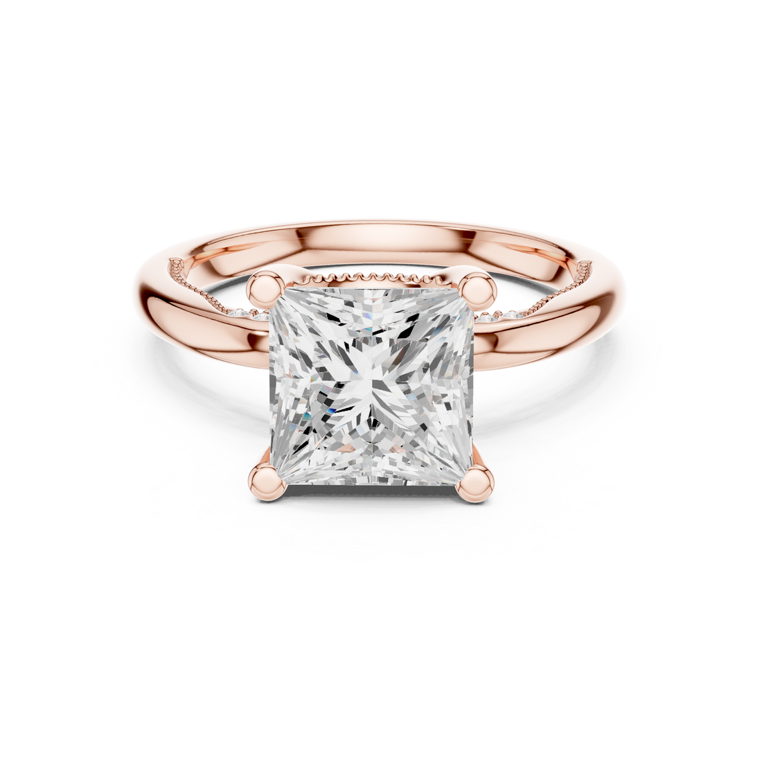 Princess Cut Engagement Ring with Twisted Split Shank and Hidden Halo