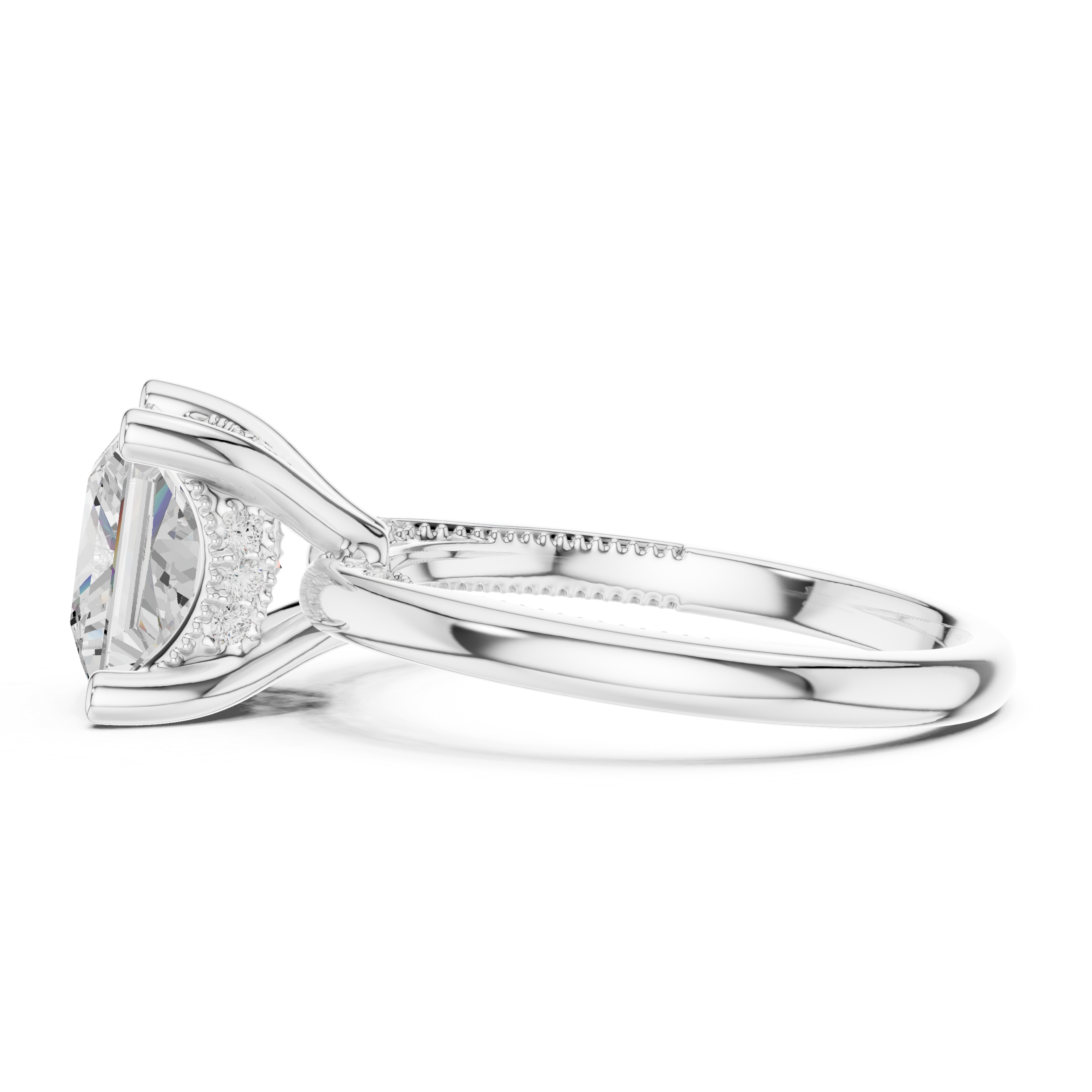 Princess Cut Engagement Ring with Twisted Split Shank and Hidden Halo