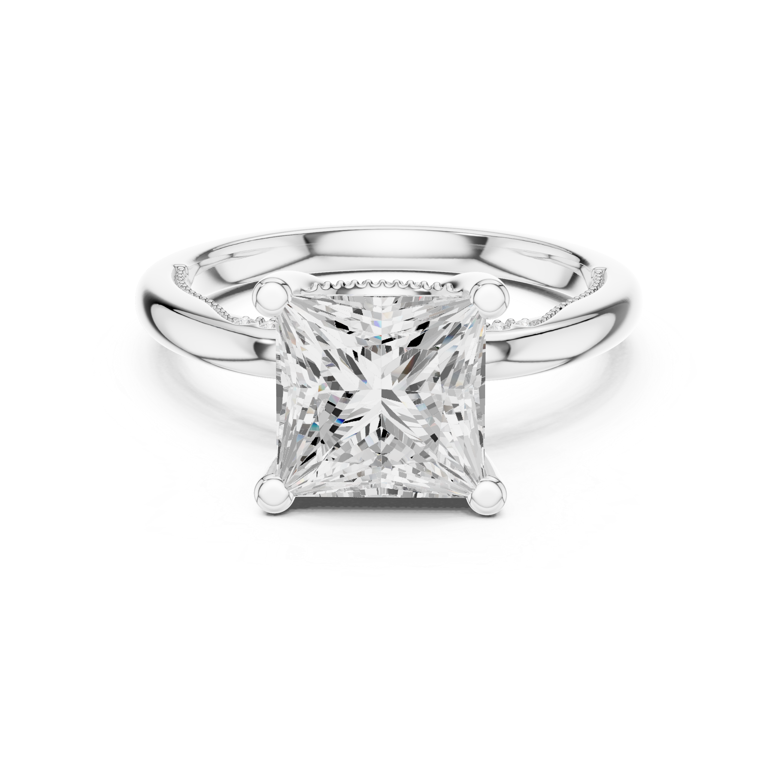 Princess Cut Engagement Ring with Twisted Split Shank and Hidden Halo