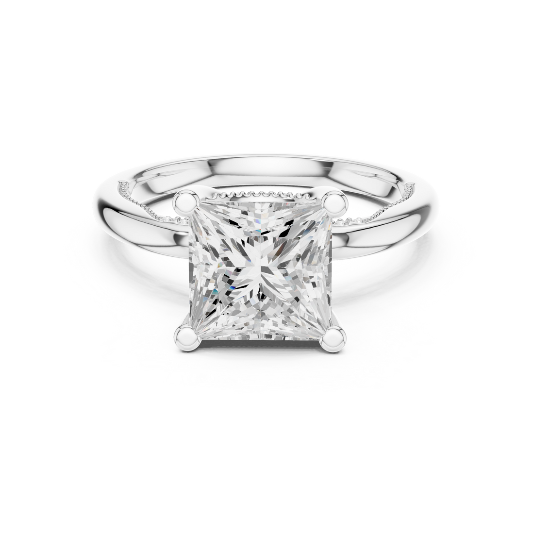 Princess Cut Engagement Ring with Twisted Split Shank and Hidden Halo
