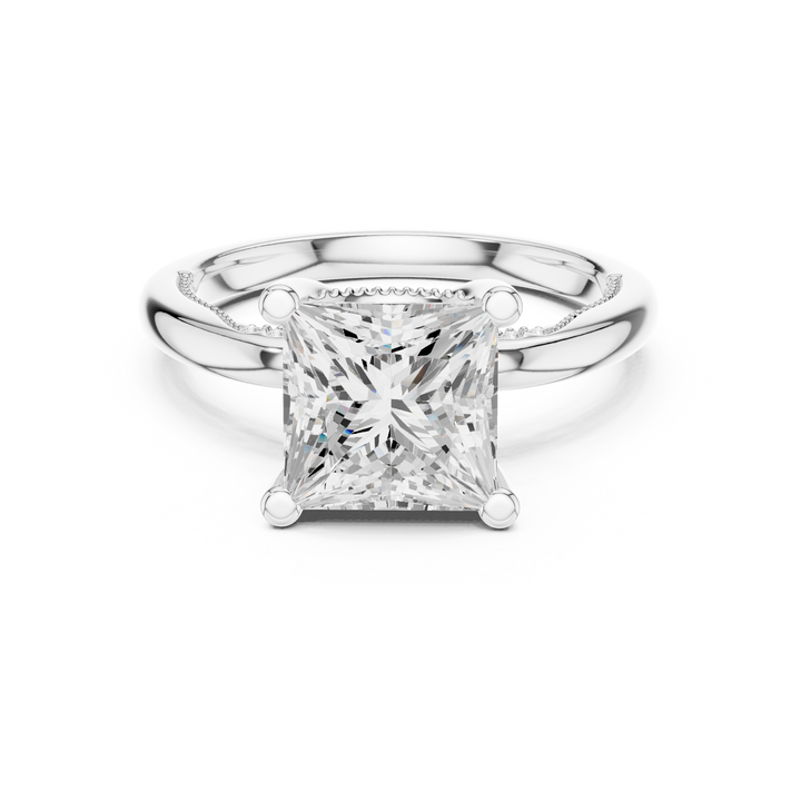 Princess Cut Engagement Ring with Twisted Split Shank and Hidden Halo