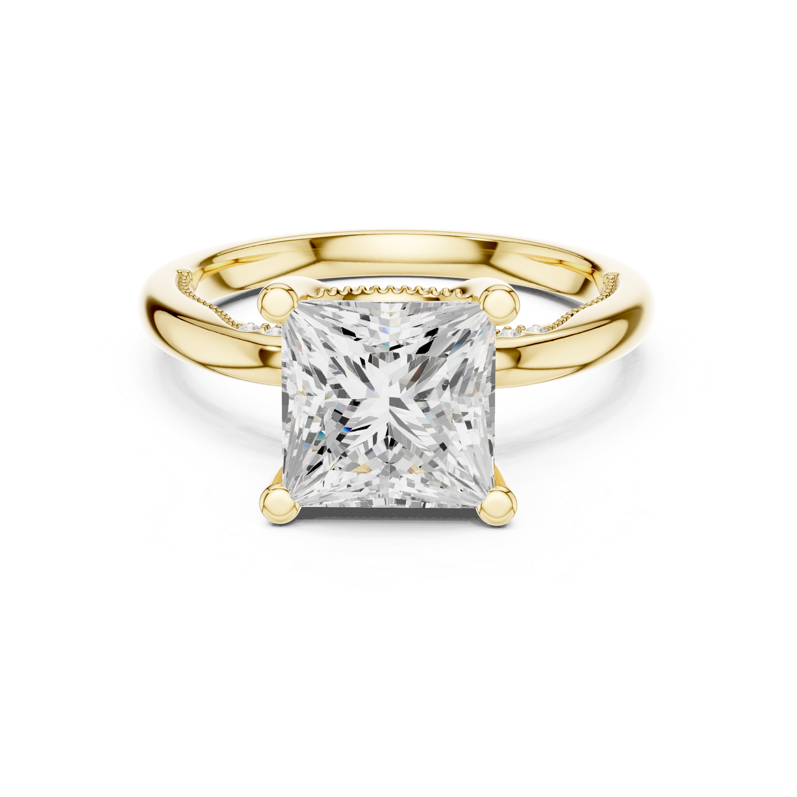 Princess Cut Engagement Ring with Twisted Split Shank and Hidden Halo