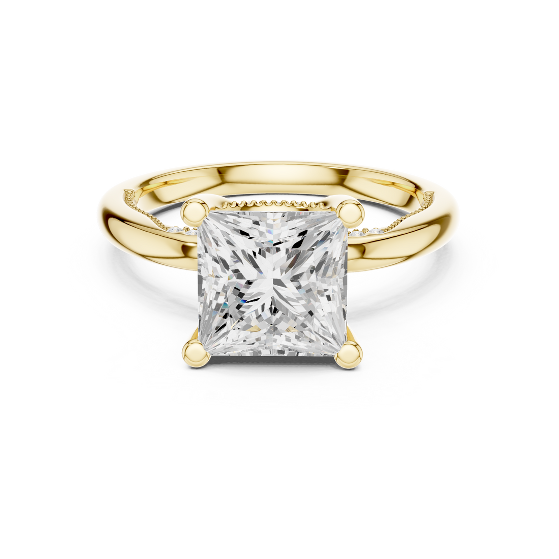 Princess Cut Engagement Ring with Twisted Split Shank and Hidden Halo