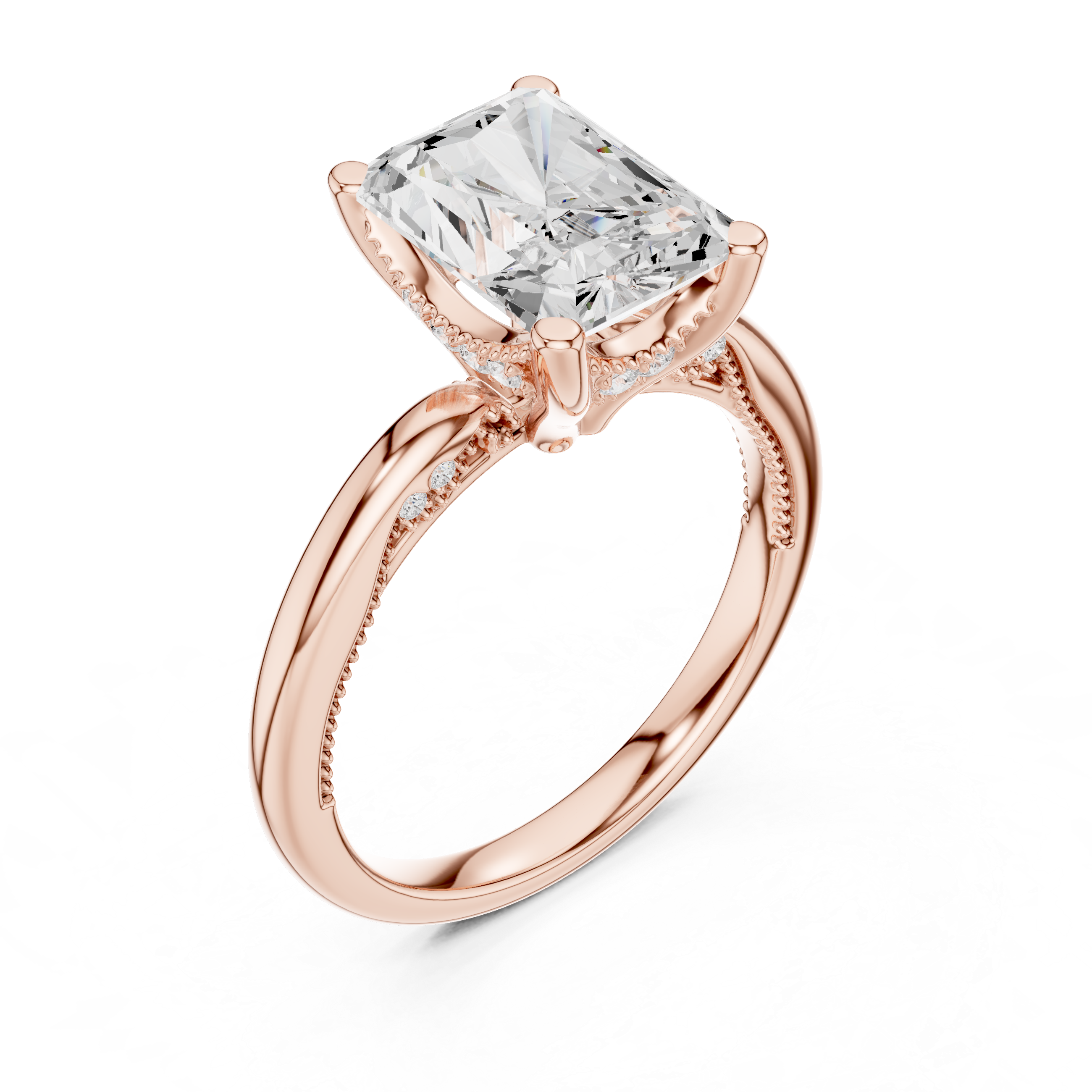 Radiant Cut Engagement Ring with Twisted Split Shank and Hidden Halo