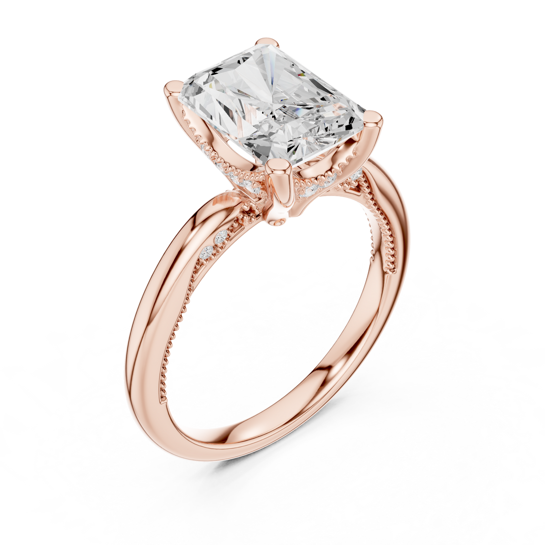 Radiant Cut Engagement Ring with Twisted Split Shank and Hidden Halo